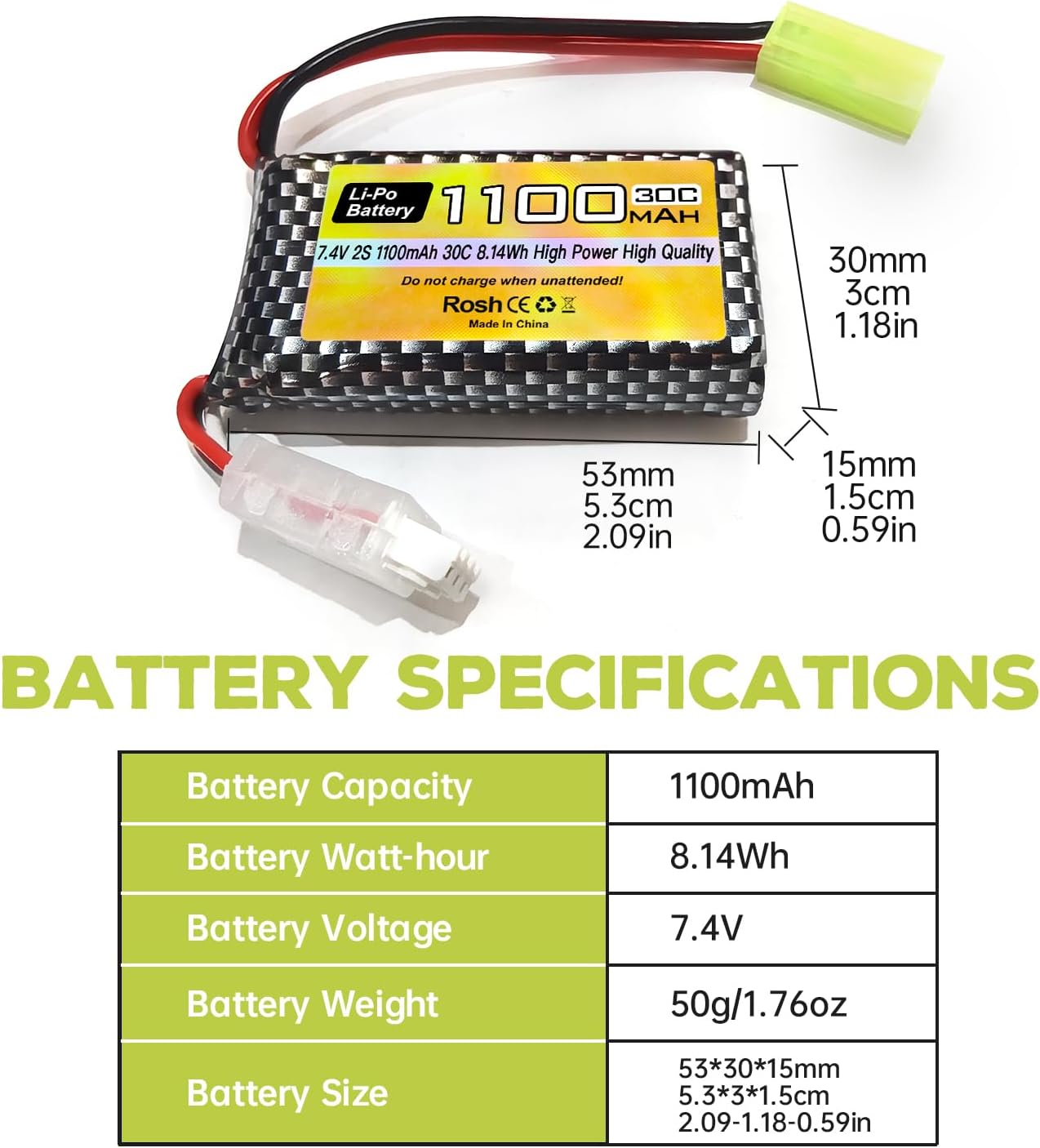 sea jump 7.4V Rechargeable Lipo Battery 2S 30C 1100mAh for 9300 9310 9305E 9304E 9303E 9302E 9301 9201E Toy Car Compatible with Most RC Car Trucks in 1/10, 1/16, 1/18, 1/24 Ratios, with 2in1 Chargers