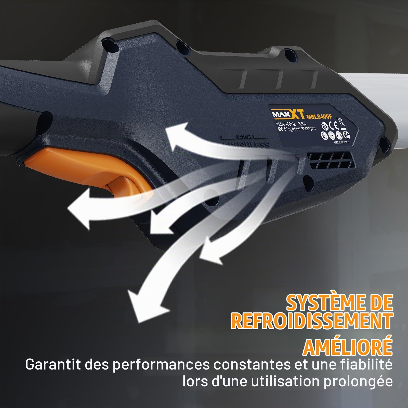 MAXXT Ponceuse à Sec Sans Balais - Orbite 4mm, Double Canal avec Adhésion au Plafond, Mode Simple/Double pour Murs & Plafonds, 4000-8500 tr/min, LED, Pliable, 400W, Manche 1,65M, Plateau 215mm