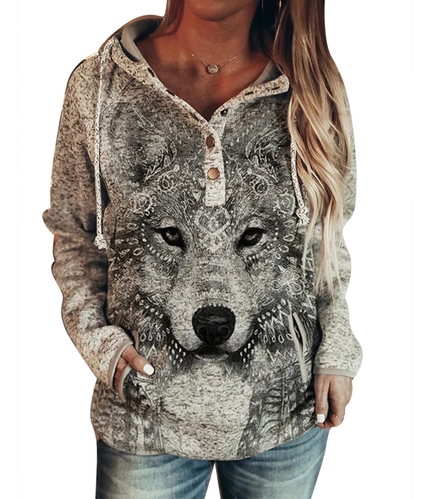 Women Wolf Print Hoodie - Animal Print Hooded Sweatshirt Owl Pattern Long Sleeve Pullover Top with Pocket
