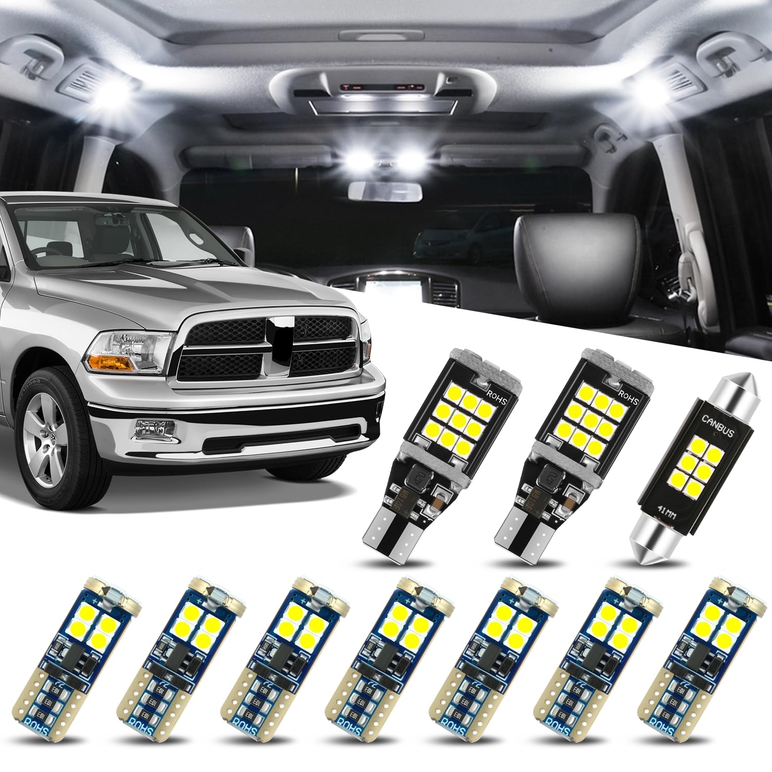Auto Dynasty 10 Pieces 12V 5500K Interior Car Dome Map Cargo License Plate LED Light Bulbs Kit Compatible with Ram 1500 2500 3500 2019-2024 (2009-2024 (Classic))