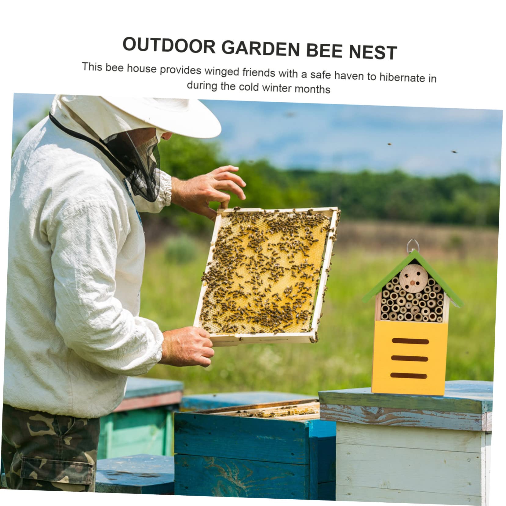 COLLBATH Dekoratives Bienenhaus und Eisen für Garten Bereits Montiert mit Haken als Außen Nistplatz für Bienen