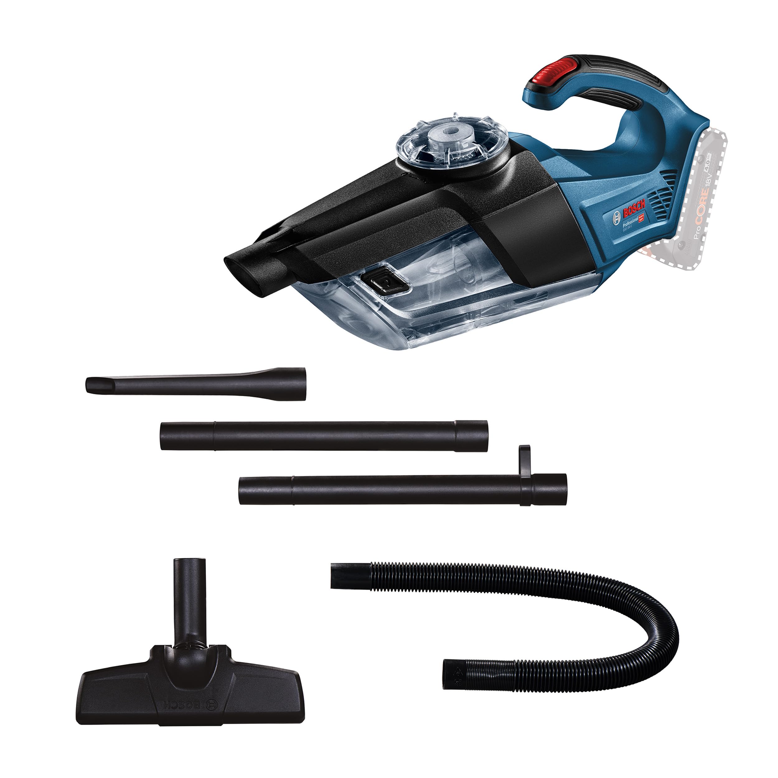 Bosch Professional18V System Cordless Handheld Vacuum Cleaner GAS 18V-1 (incl. with suction pipe, crevice nozzle, carpet nozzle, 1 litre container volume, without battery/charger)