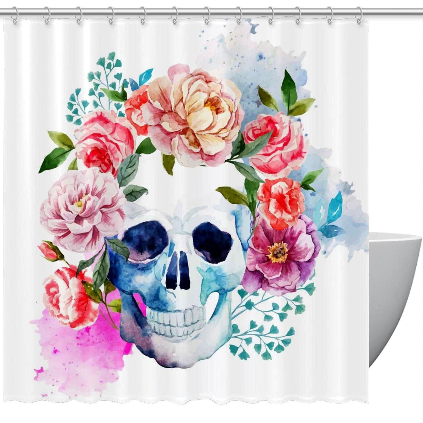 Rideau de douche tête de mort et fleurs en tissu imperméable et lavable