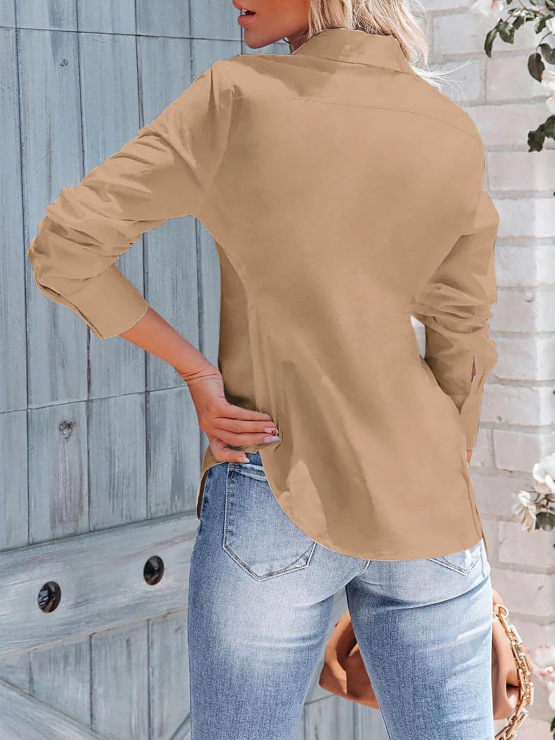 siliteelon Women's Button Down Shirts Long Sleeve Dress Shirts Wrinkle Free Collared Work Office Solid Blouses Corset Tops XX-Large E Khaki