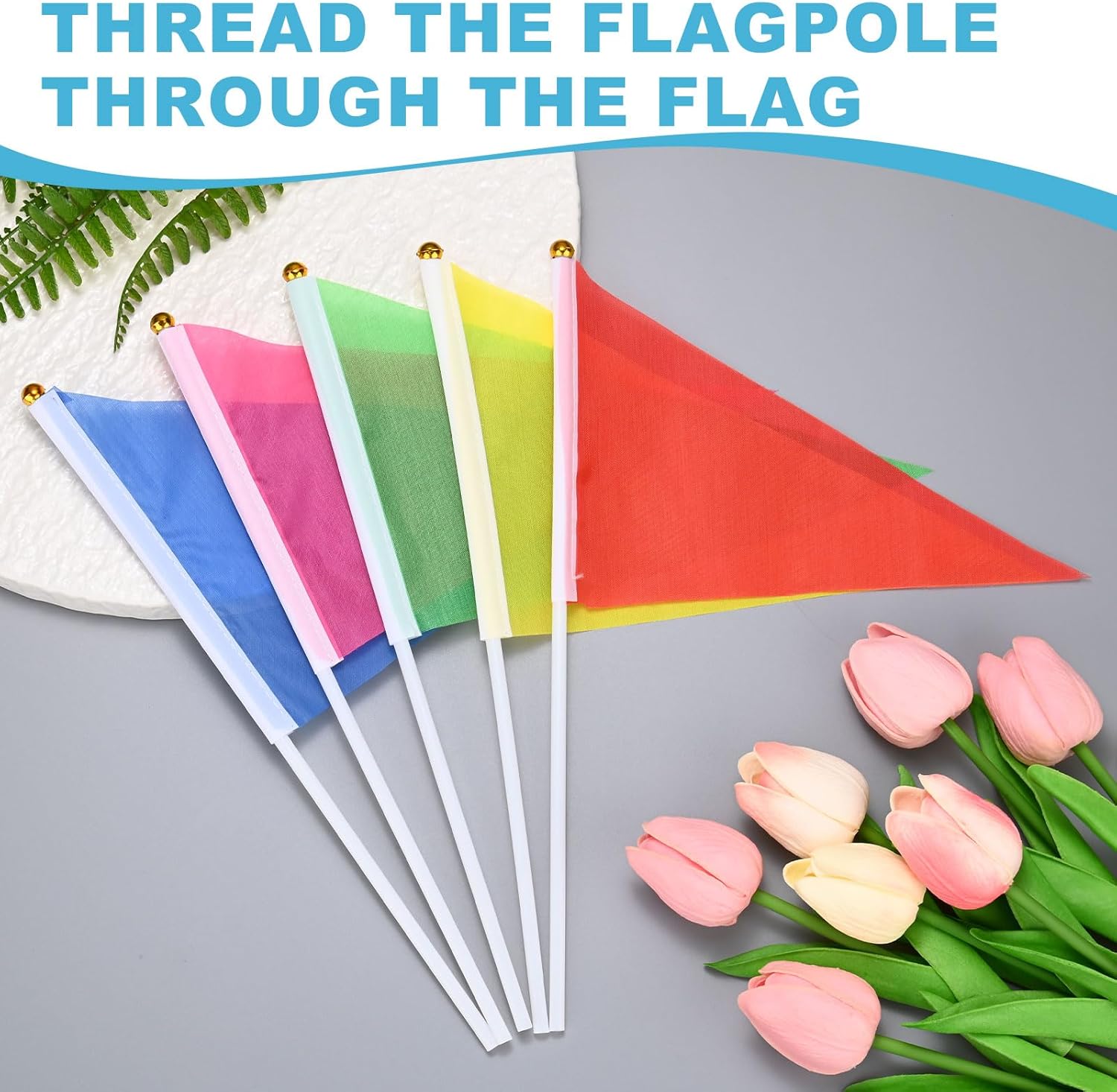 12-Pack Solid Color Blank Hand Held Plain Flags, 5x8 Inch Polyester Triangle Mini Sublimation Flag on Plastic Stick for Party Decorations/DIY Graffiti/Garden [Blue] - Image 4