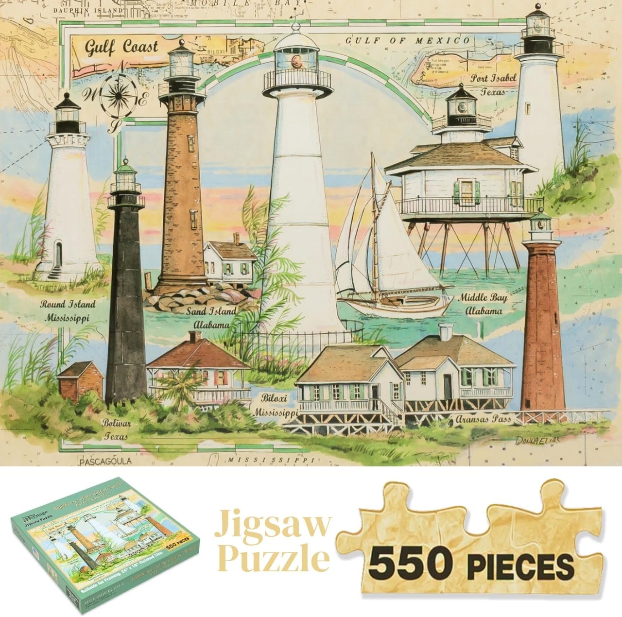 Heritage Puzzle - Lighthouses of The Gulf of Mexico by Donna Elias - 550 Piece Lighthouse Puzzle for Adults - Lighthouse Jigsaw Puzzles for Women and Men - Gulf Coast Art