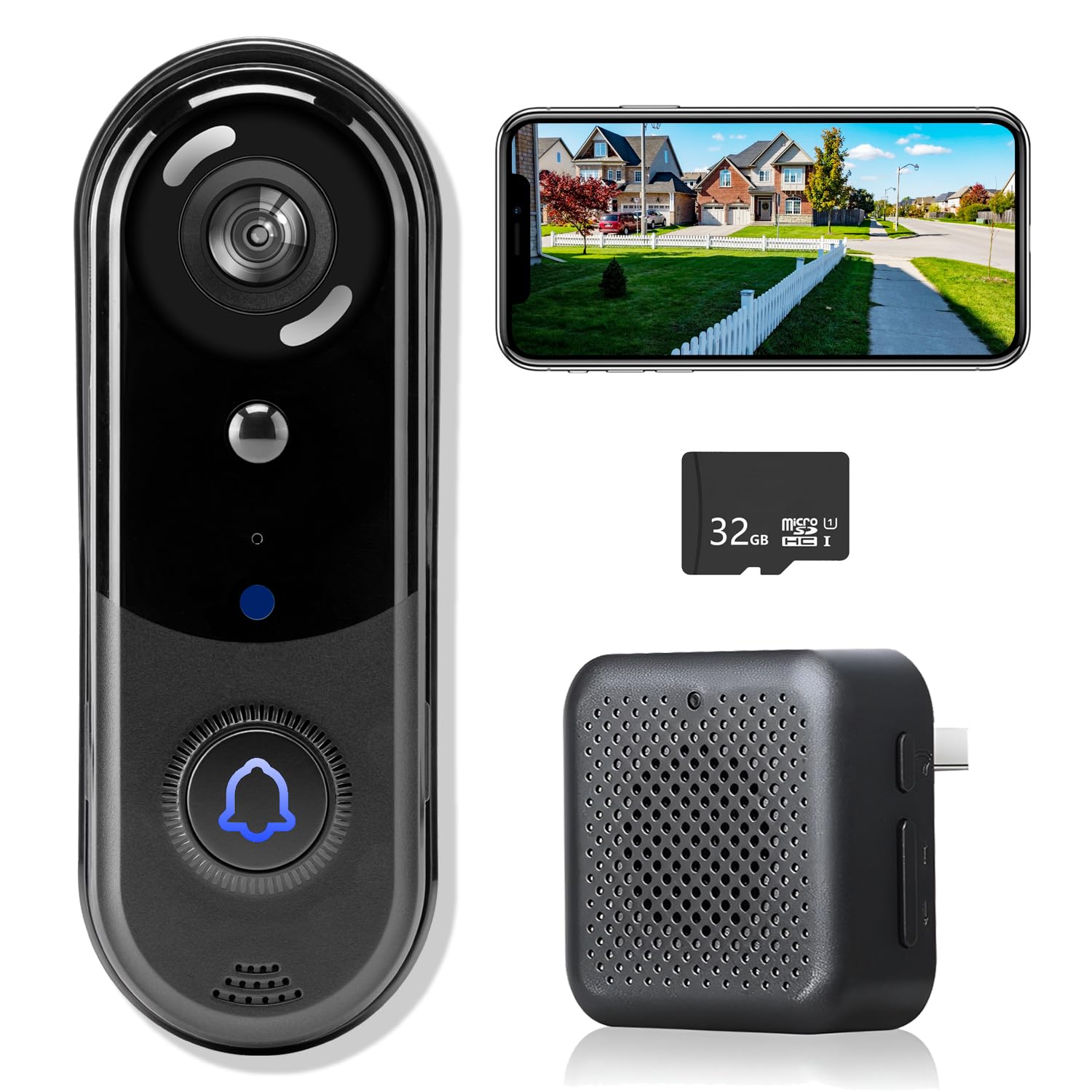 Timbre de video inalámbrico, sin tarifa mensual, con timbre, almacenamiento SD/nube de 32 GB, visión nocturna, detección de movimiento, audio de 2 vías, alerta en tiempo real, WiFi de 2.4 G