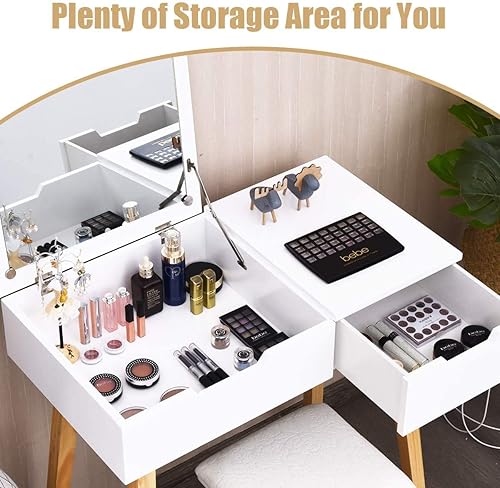 Miniatura 8 de LUARANE - Juego de tocador de tocador, tocador de madera con espejo abatible y taburete acolchado, aplicación multifuncional para dormitorio, baño