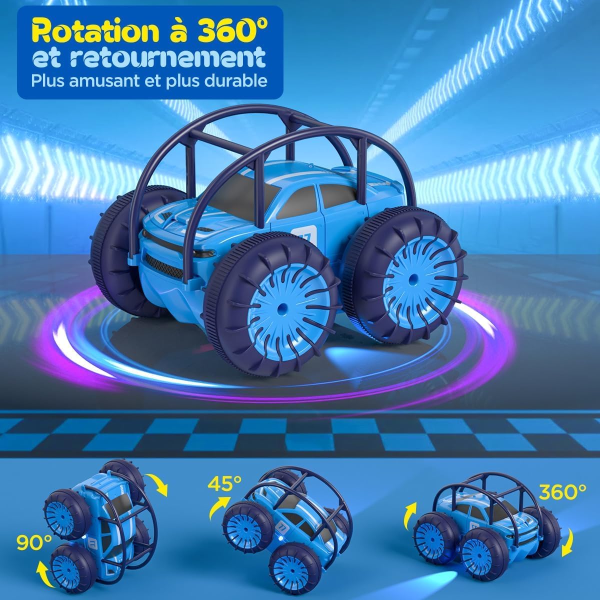 ifollower Voiture Télécommandée à Charge Directe, 15 km/h 4WD Véhicule Amphibie Cascadeur, 2.4 GHz Rotation à 360° avec LED Colorée, Jouets Tout-Terrain, Cadeaux pour Enfants de 3-12 Ans