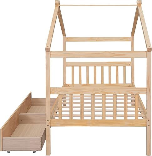 Miniatura 208 de Merax Cama de madera de tamaño matrimonial con nido, marco de cama de madera con techo para niños, adolescentes, niños o niñas, color blanco