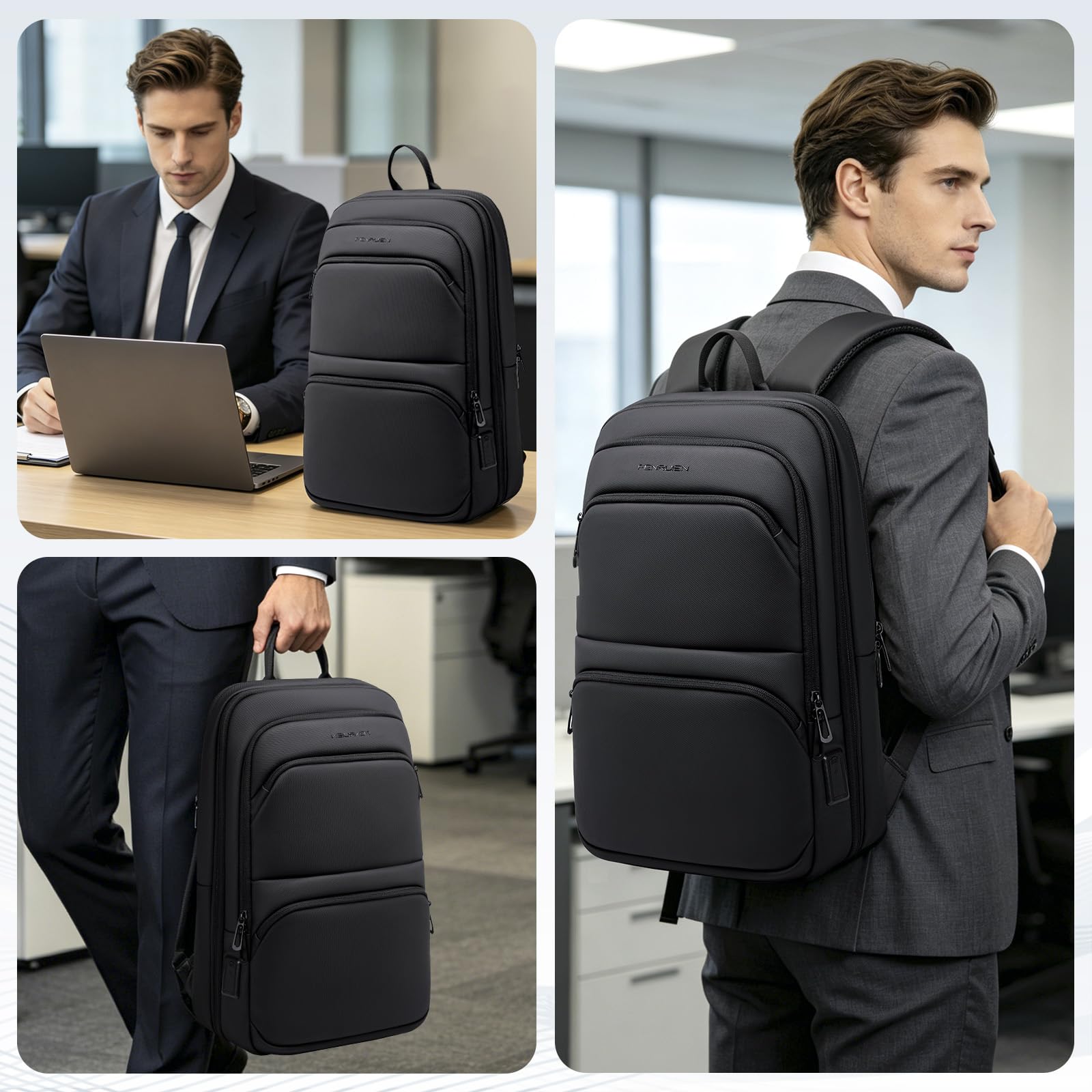 FENRUIEN Leichter Business Rucksack Herren 15.6 Zoll Wasserdicht Notebook Laptop Backpack Erweiterbar 15-23L mit USB-Ladeanschluss für Arbeit Schule, Schwarz