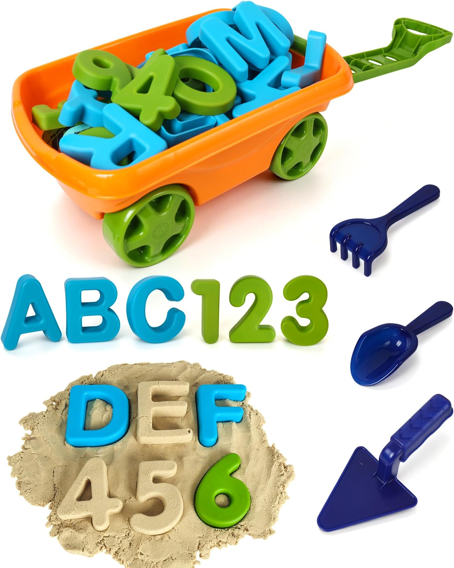 Kids Alphabet & Number Sand Wagon Play Set with Pull Cart, Alphabet Letters, Numbers & Math Symbols, Sand Tools, Outdoor Sand Toys for Toddlers & Kids Ages 3–8, Beach & Sandbox Learning Toy (Orange)