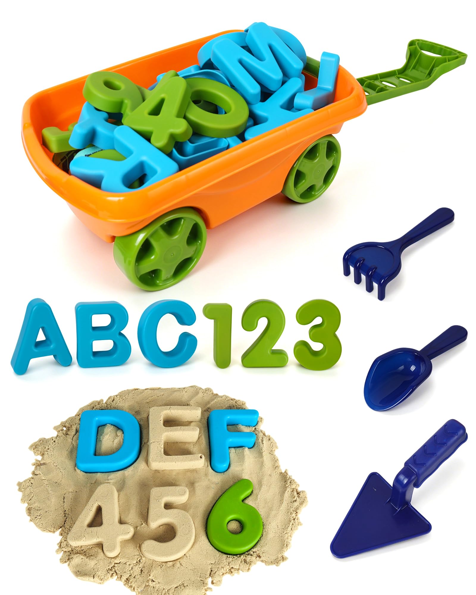 Kids Alphabet & Number Sand Wagon Play Set with Pull Cart, Alphabet Letters, Numbers & Math Symbols, Sand Tools, Outdoor Sand Toys for Toddlers & Kids Ages 3–8, Beach & Sandbox Learning Toy (Orange)