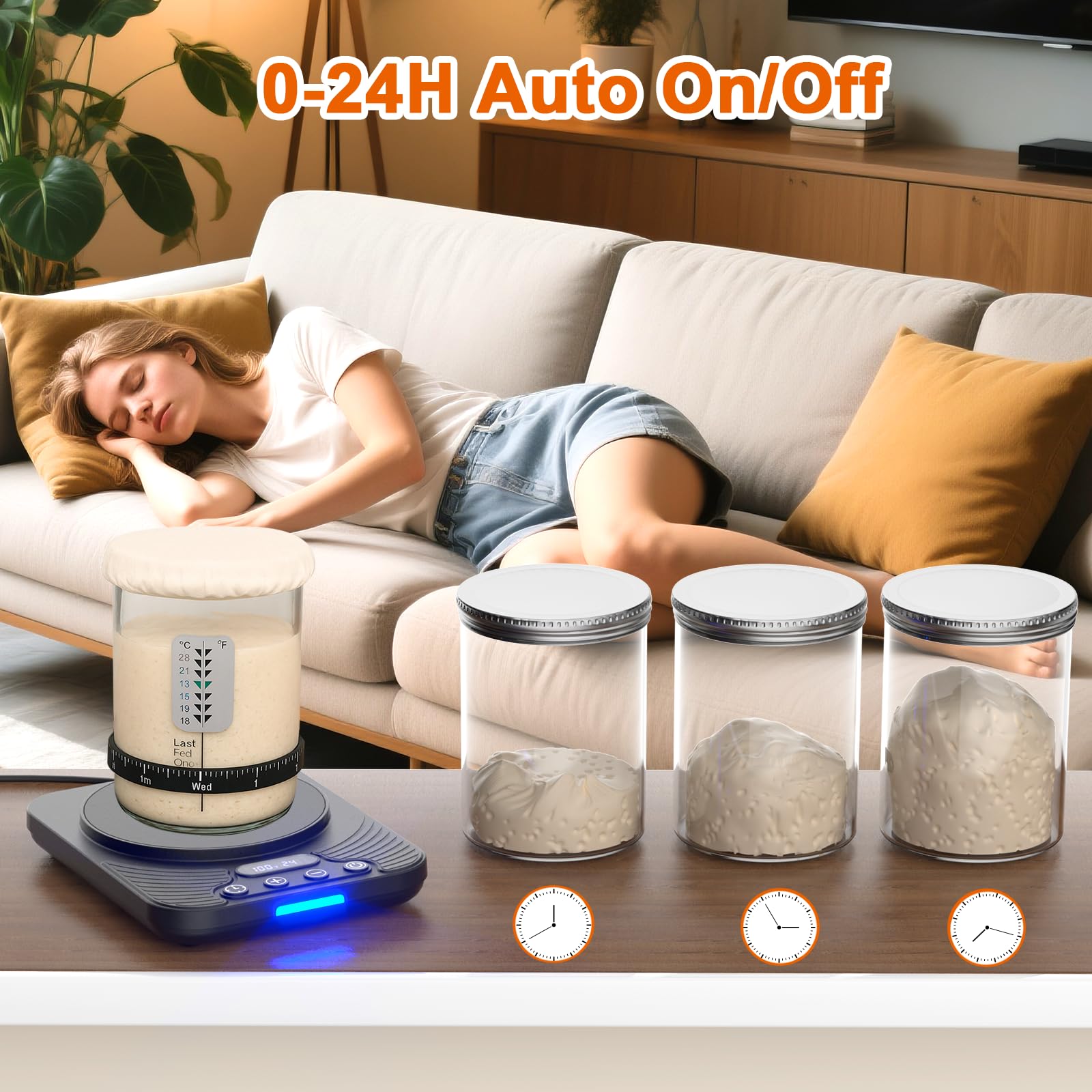 Calentador de fermentación de masa madre, control preciso del termostato a 1 °F (70 – 100 °F), calentador de masa madre con temporizador de 24 horas y USB, perfecto para hornear en casa y fermentación