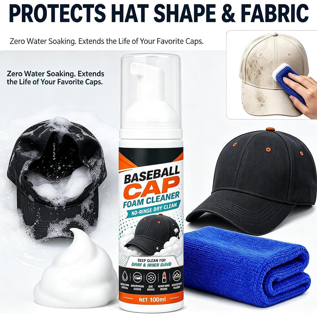 Limpiador de Espuma para Gorras de Béisbol sin Enjuague (3pc)