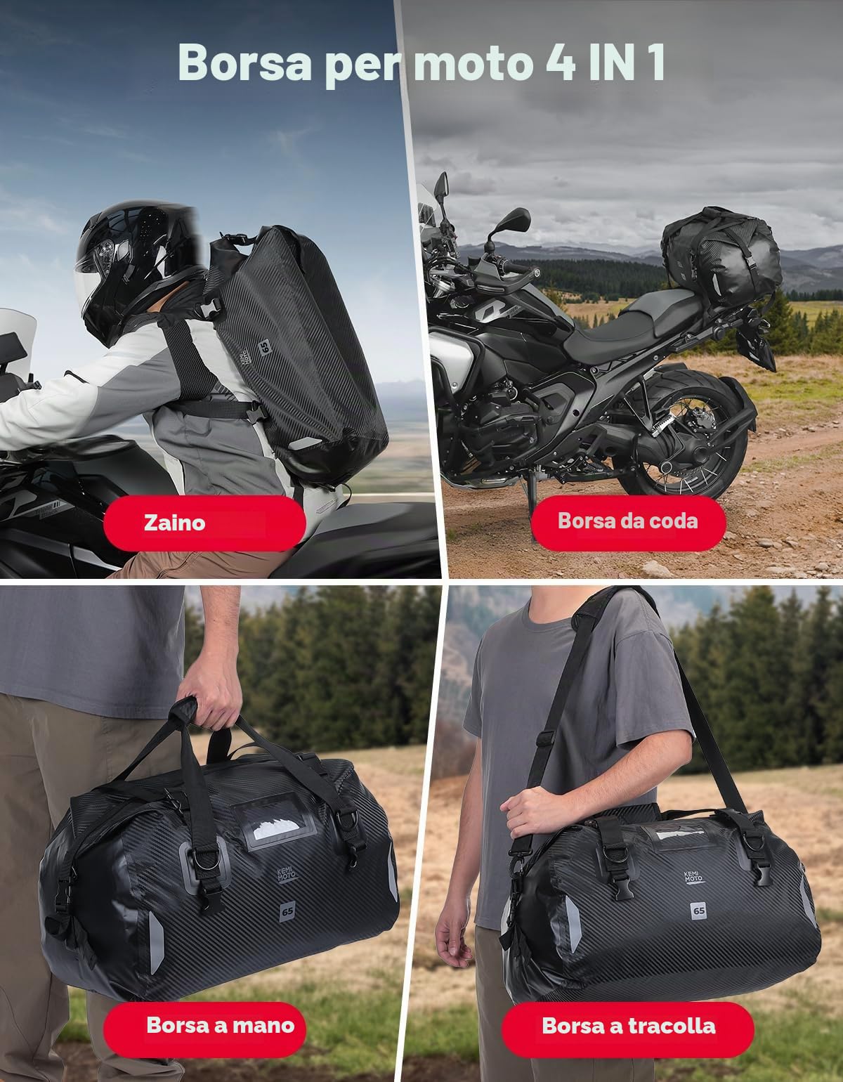 KEMIMOTO Borsa Moto, 65L Borsa Posteriore Moto Impermeabile con Tracolla, Borsa Sella Motociclo con 4 Cinghie di Fissaggio per Motociclismo, Ciclismo, Campeggio, Viaggio