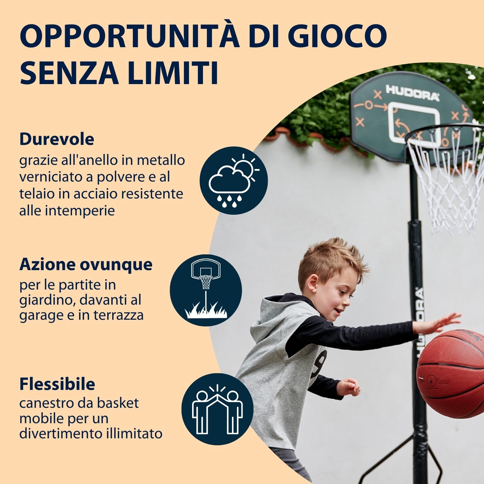 HUDORA Canestro da Basket Playoff 205 - Canestro da Basket con Supporto Regolabile per Bambini e Ragazzi - Canestro Mobile da Esterno per Giardino - Canestro da Basket con Supporto e Ruote