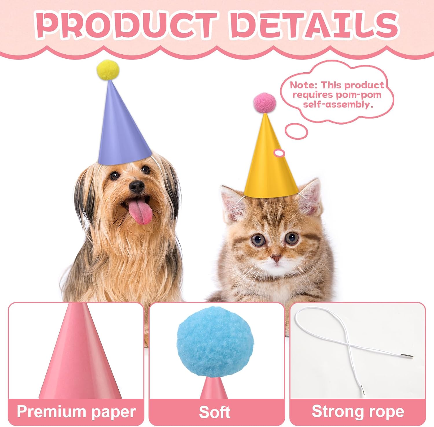 Lonfliness Mini Birthday Party Hats for Stuffed Animals Adjustable Cone Caps with DIY Pom Poms Dog Cat Dolls Kids Party Decor image 3