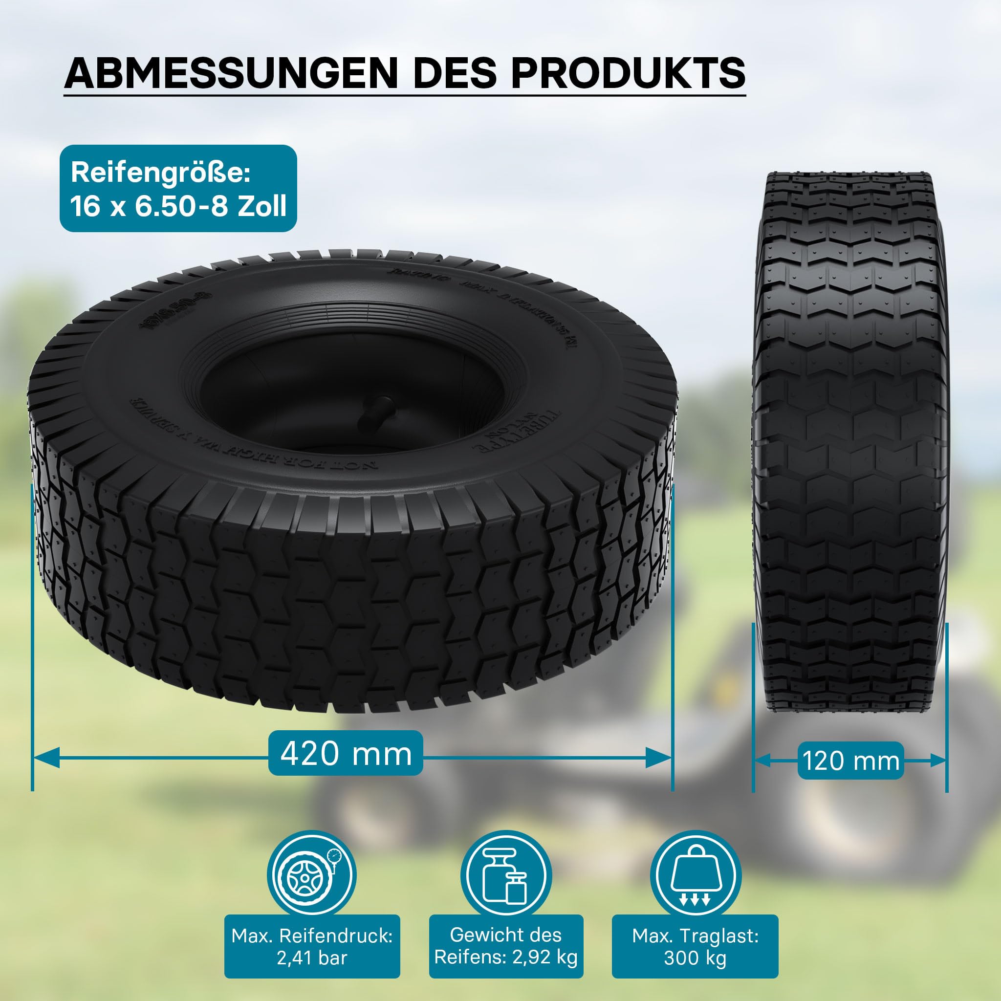 Wiltec Reifen 16x6.50-8 4PR Komplettrad für Aufsitzmäher Rasentraktor mit Schlauch