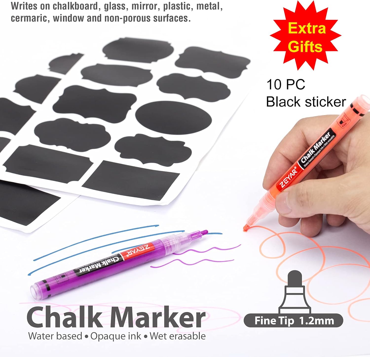 ZEYAR Liquid Chalk Marker, Wet Erase Marker, Water-Based Opaque Ink, Fine Tip for Detailed Drawing, Writes on Nonporous Chalkboards, Bistro Boards, Windows, Plastic and more (48 Full Colors) - Image 3