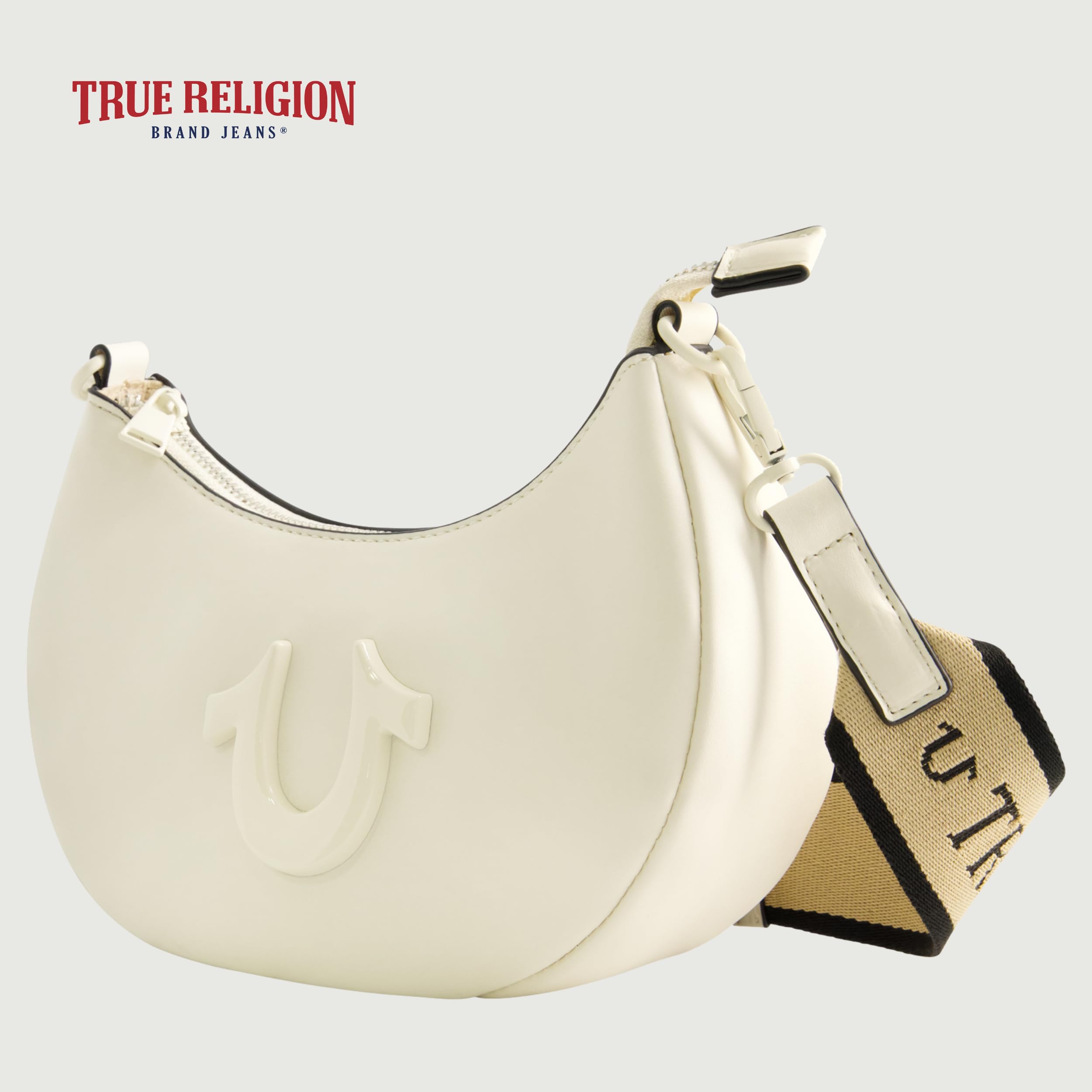 True Religion Damska torebka na ramię, półksiężyc, hobo, z regulowanym odpinanym paskiem i logo w kształcie podkowy