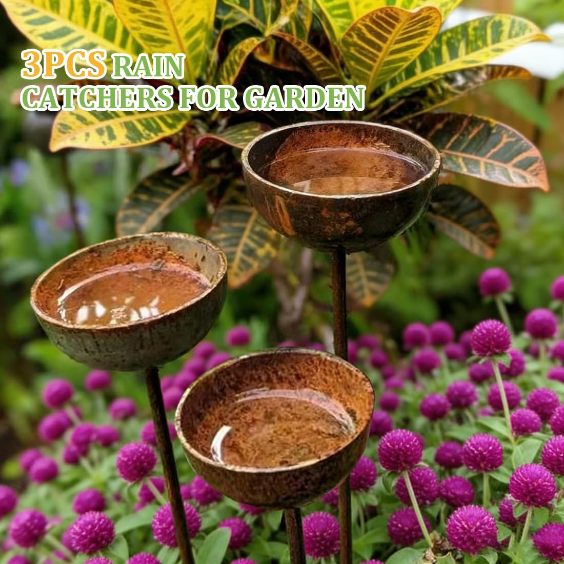 WRQIOO 3Pcs Rain Catchers for Garden, Bee Bath for Garden, Bee Watering Station, Large Cup 10cm Height 60cm, Metal Garden Ornaments, — view 3