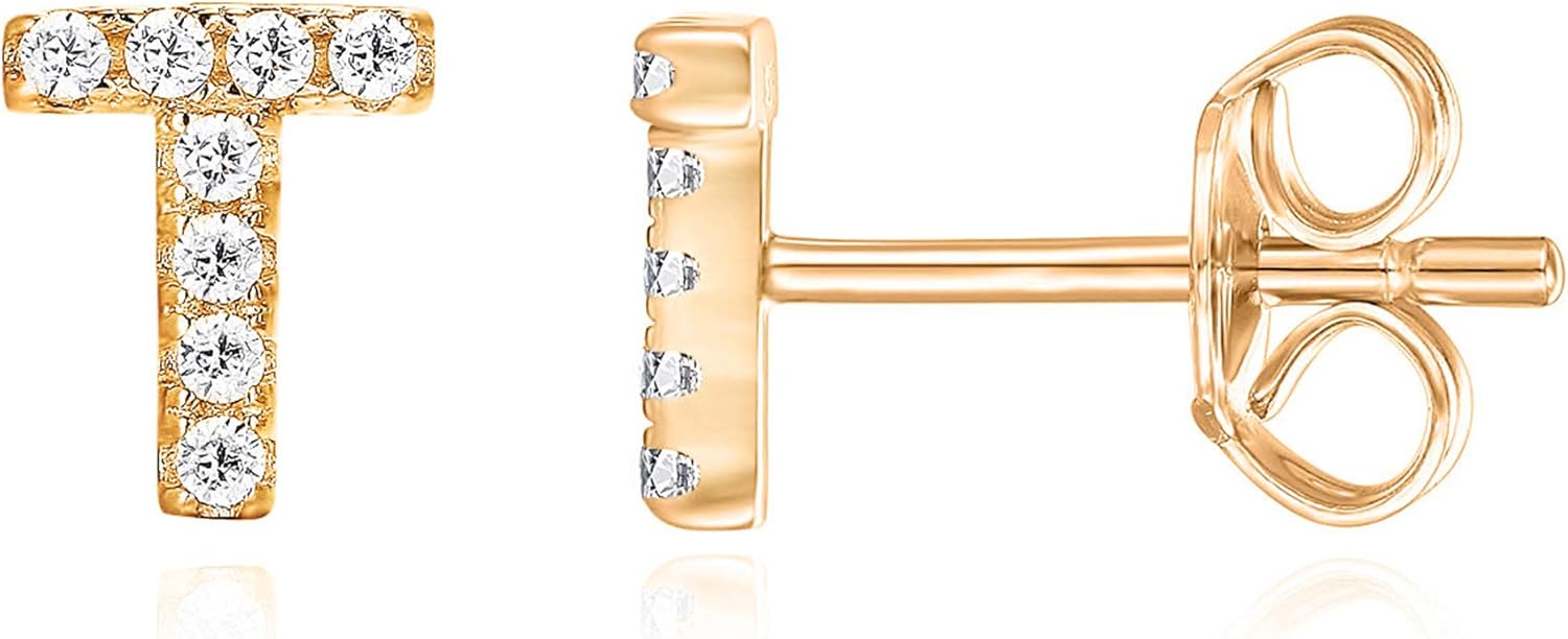 PAVOI 14K Gold Plated 925 Sterling Silver Cubic Zirconia Initial Letter Stud Earrings for Women | Simulated Diamond Alphabet Letter Earrings