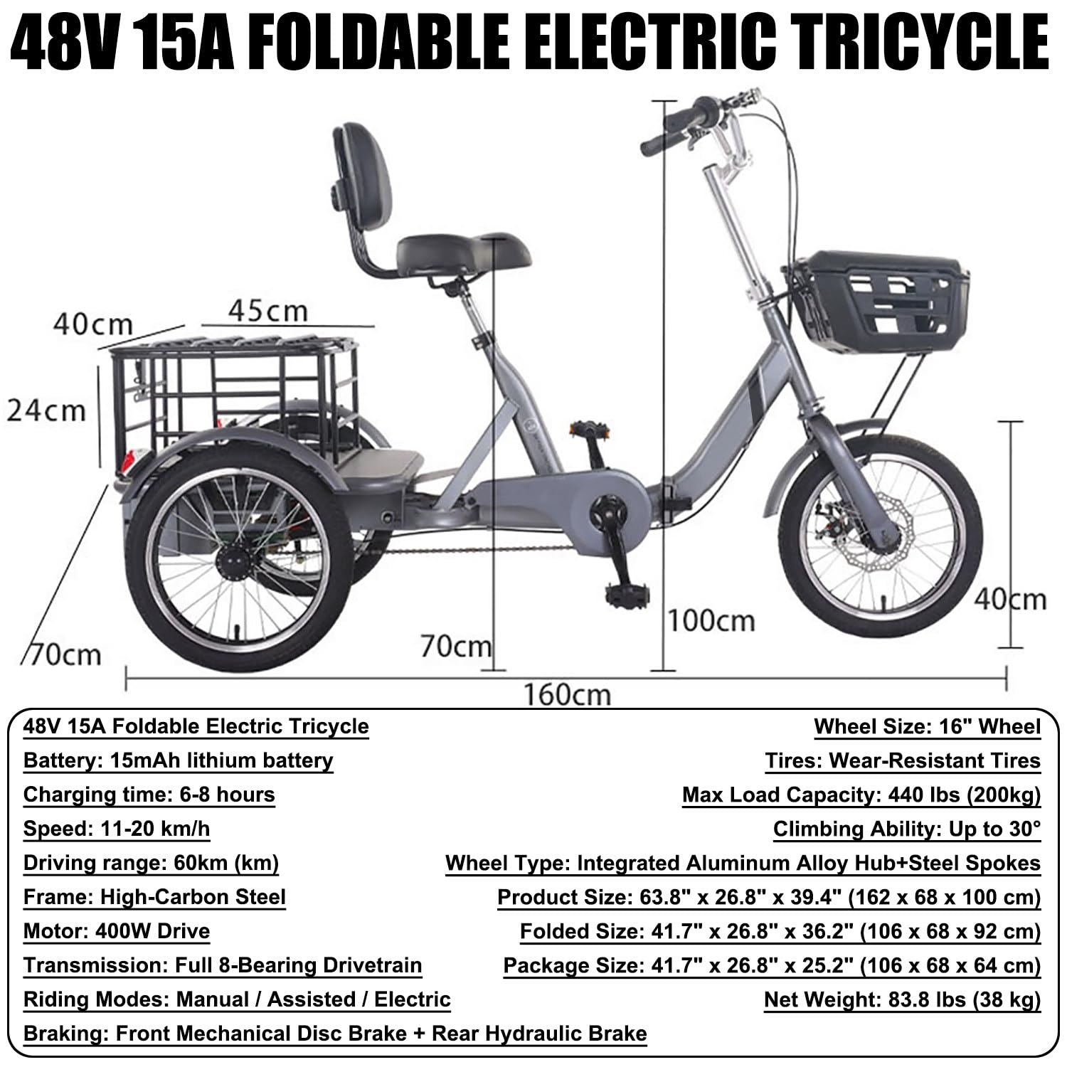 Triciclo elettrico adulti Nuovo Modello 3 ruote stabile, bicicletta elettrica e doppio freno, bici pedalata assistita con cestino capiente, ideale per città, spesa, anziani e trasporto Grey