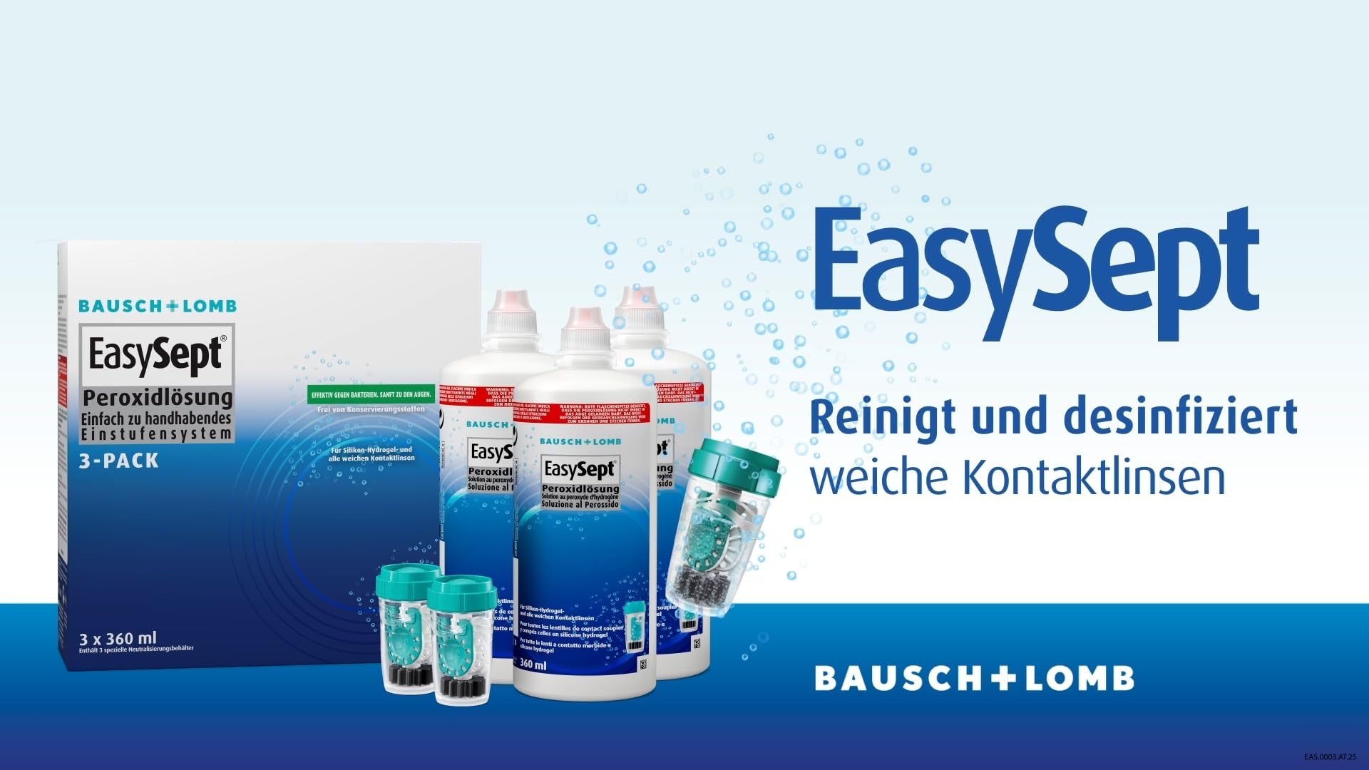 Bausch + Lomb EasySept Peroxidlösung - Kontaktlinsendesinfektions-Lösung für weiche Kontaktlinsen, Einstufen-Peroxidsystem mit Behälter, 3er Pack, 3 x 360 ml