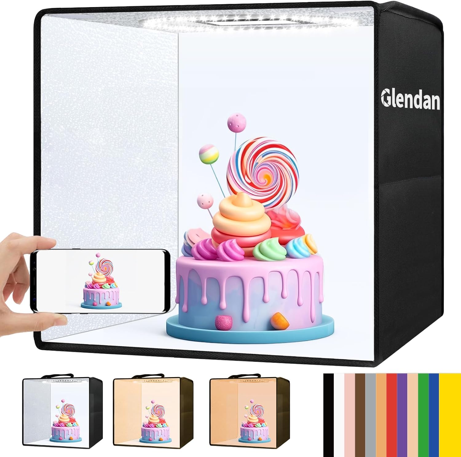 Glendan Light Box Photography, 12″x12″ Portable Photo Light Box with 112 LED Lights & 6 Kinds of Double-Sided Color Backdrops and Adjustable White Light, Soft Light, Warm Light for Product Photography