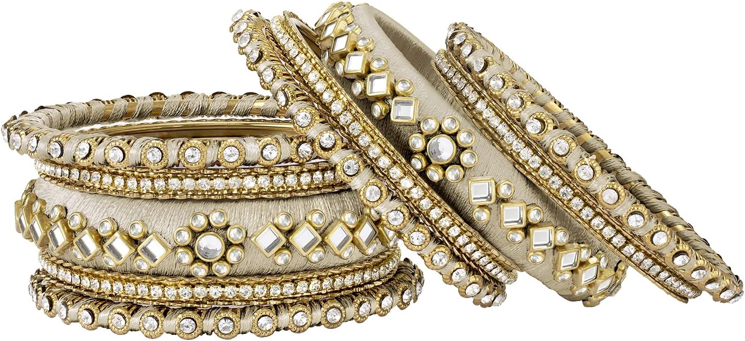 Aheli Velvet Matching Fancy Silk Thread Cream White Chuda/Chura Bangle Set Gift for Women Size 2.8" - Image 6