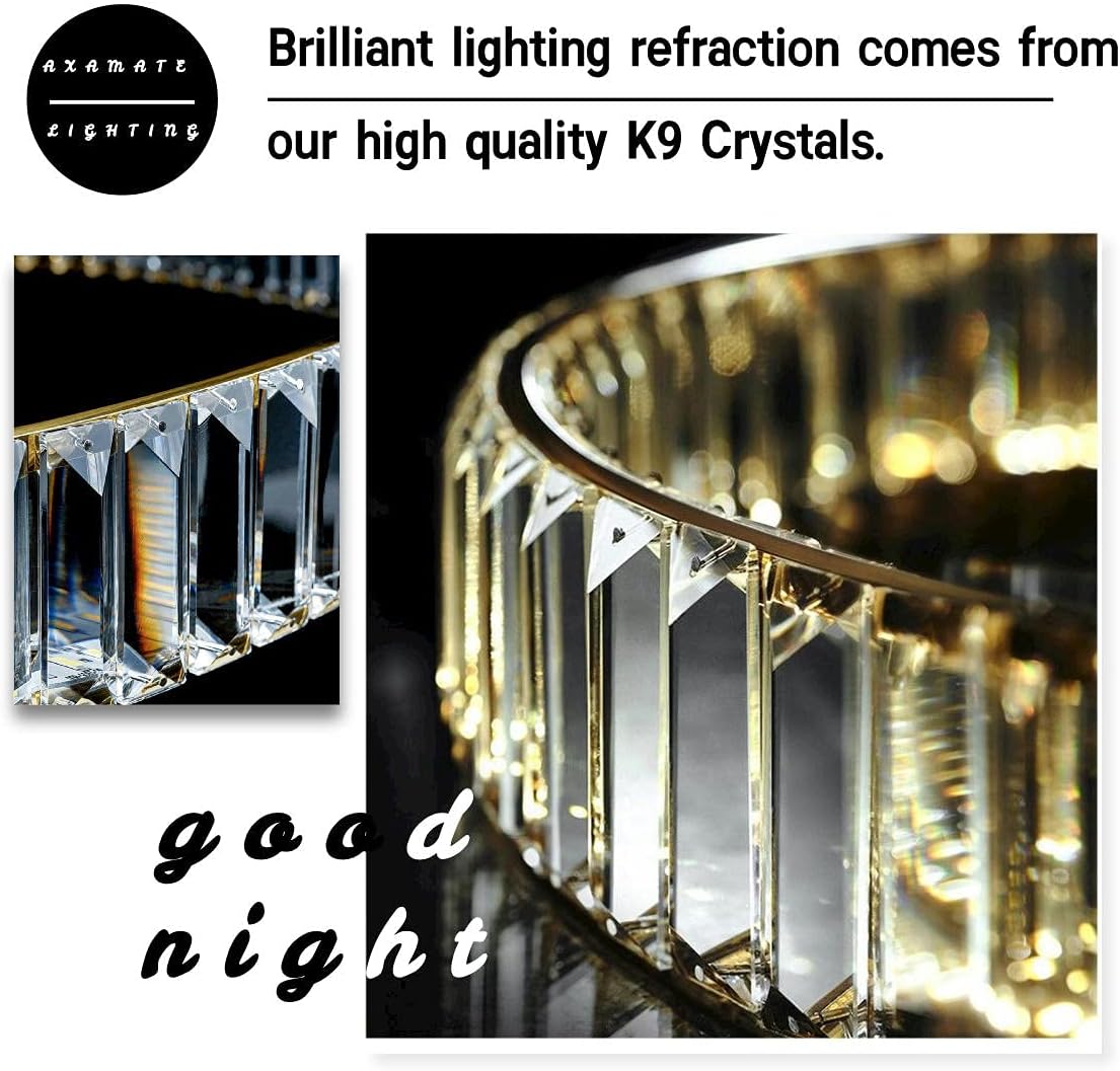 Gold Crystal Chandeliers Dimmable LED Chandelier with Remote Control, 20in Ring Pendant Lighting Adjustable Hanging Ceiling Light Modern Chandelier for Dining Room Kitchen Living Room Bedroom