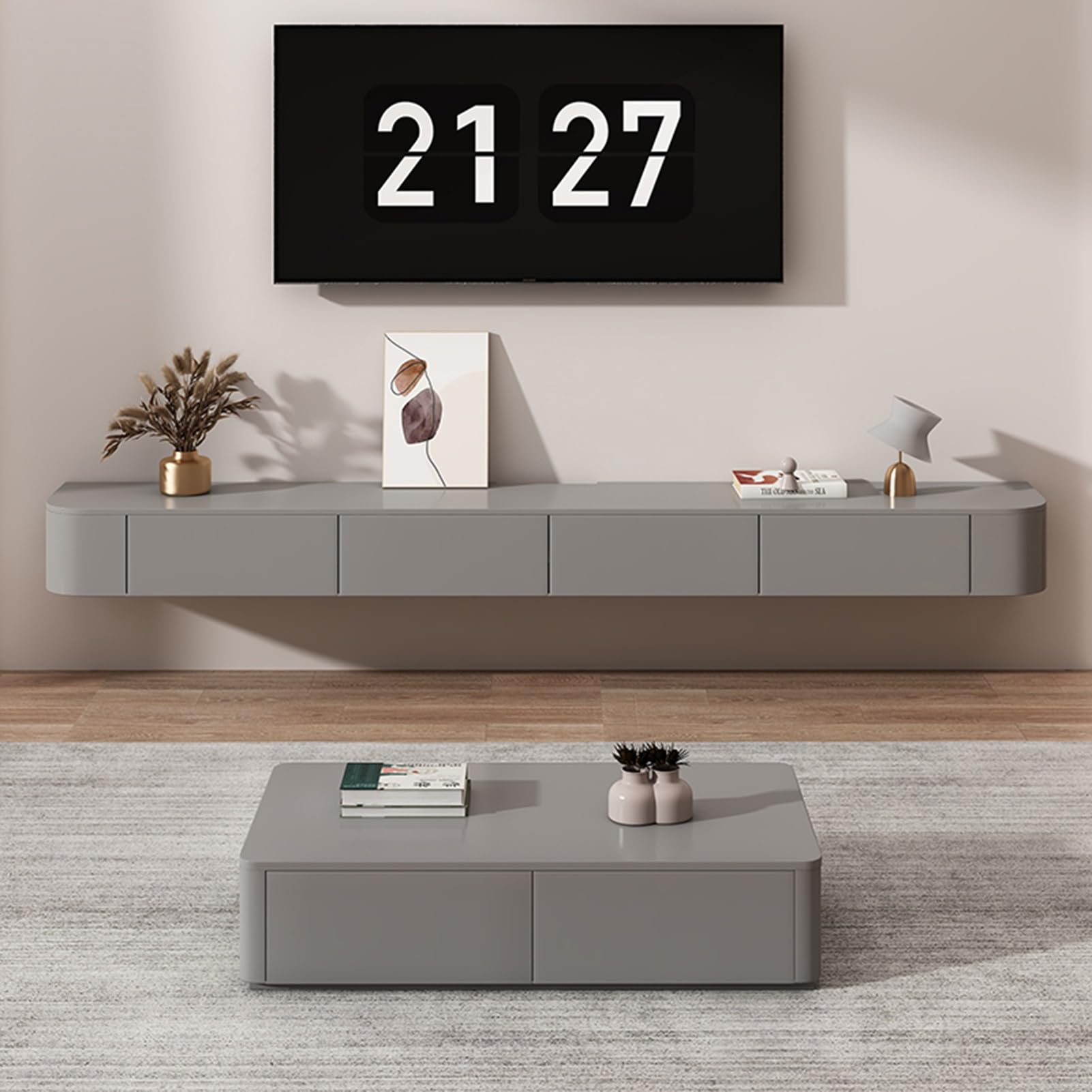Pływająca szafka telewizyjna montowana na ścianie konsola multimedialna z dużym schowkiem stylowy szary design do telewizorów o przekątnej do 55 cali nowoczesna pływająca półka, oszczędność miejsca