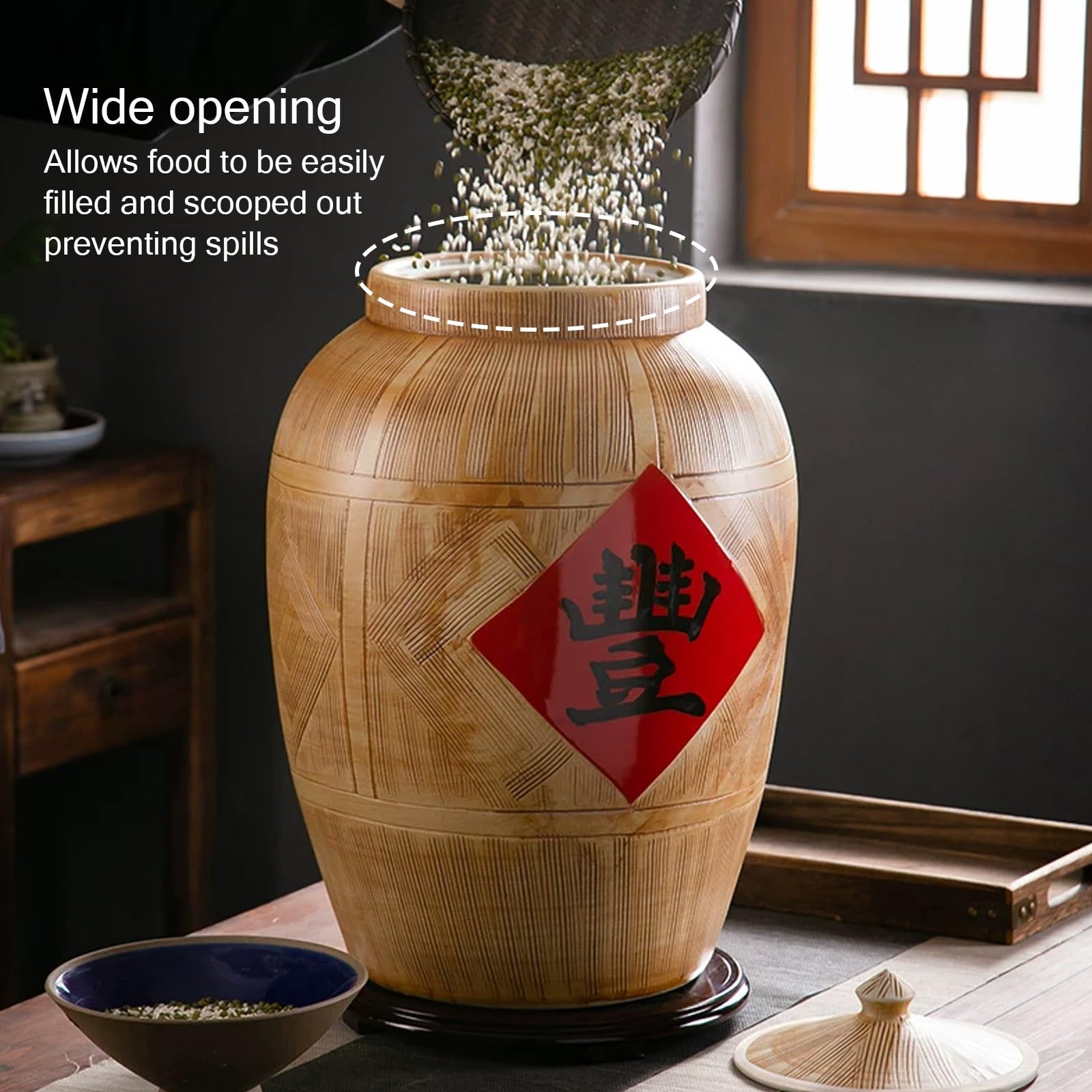Chińskie ceramiczne wiadro na ryż, pojemnik na ryż z pokrywką, słoik do przechowywania żywności o dużej pojemności na ziarna, mąkę, płatki owsiane, kawę, brązowy cukier, herbatę, ciastka, orzechy