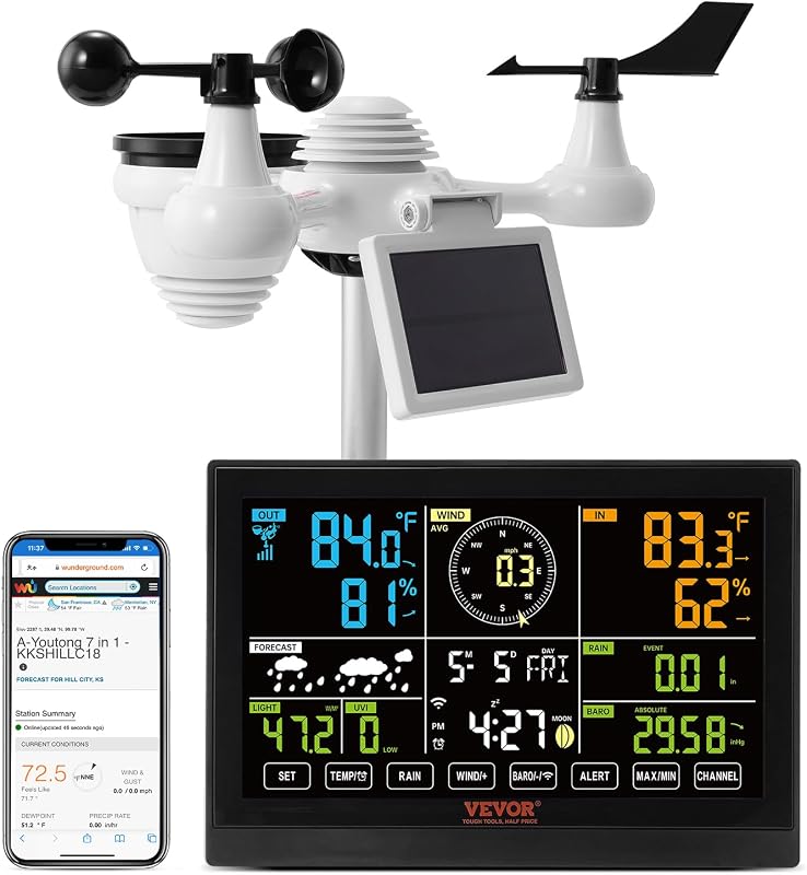 VEVOR YT60234 WiFi Weather Station 7-in-1 Weather Stations Indoor Outdoor | for Weather Forecast, 7.5-Inch Color Display, Temperature, Humidity, UV, Air Pressure, Wind Speed & Direction, Rain, Alarm