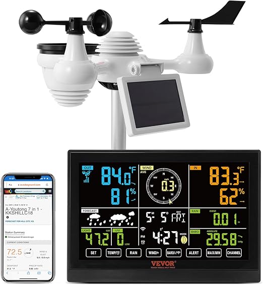 VEVOR YT60234 WiFi Weather Station 7-in-1, Weather Stations WiFi Indoor Outdoor, 7.5" Color Display for Weather Forecast, Temperature, Humidity, UV, Air Pressure, Wind Speed&Direction, Rain, Alarm