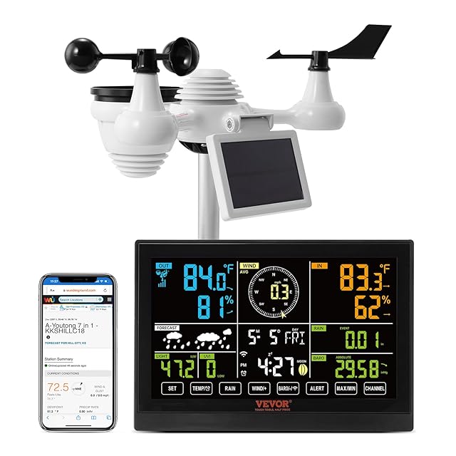 VEVOR VEVOR Profi WLAN-Wetterstation 7-in-1 solarbetrieben Wettercenter 7,5-Zoll-Display 150m Übertragungsreichweite Außensensor für Windgeschwindigkeit Windrichtung Temperatur Luftfeuchtigkeit Niederschlag — Wetterstationen