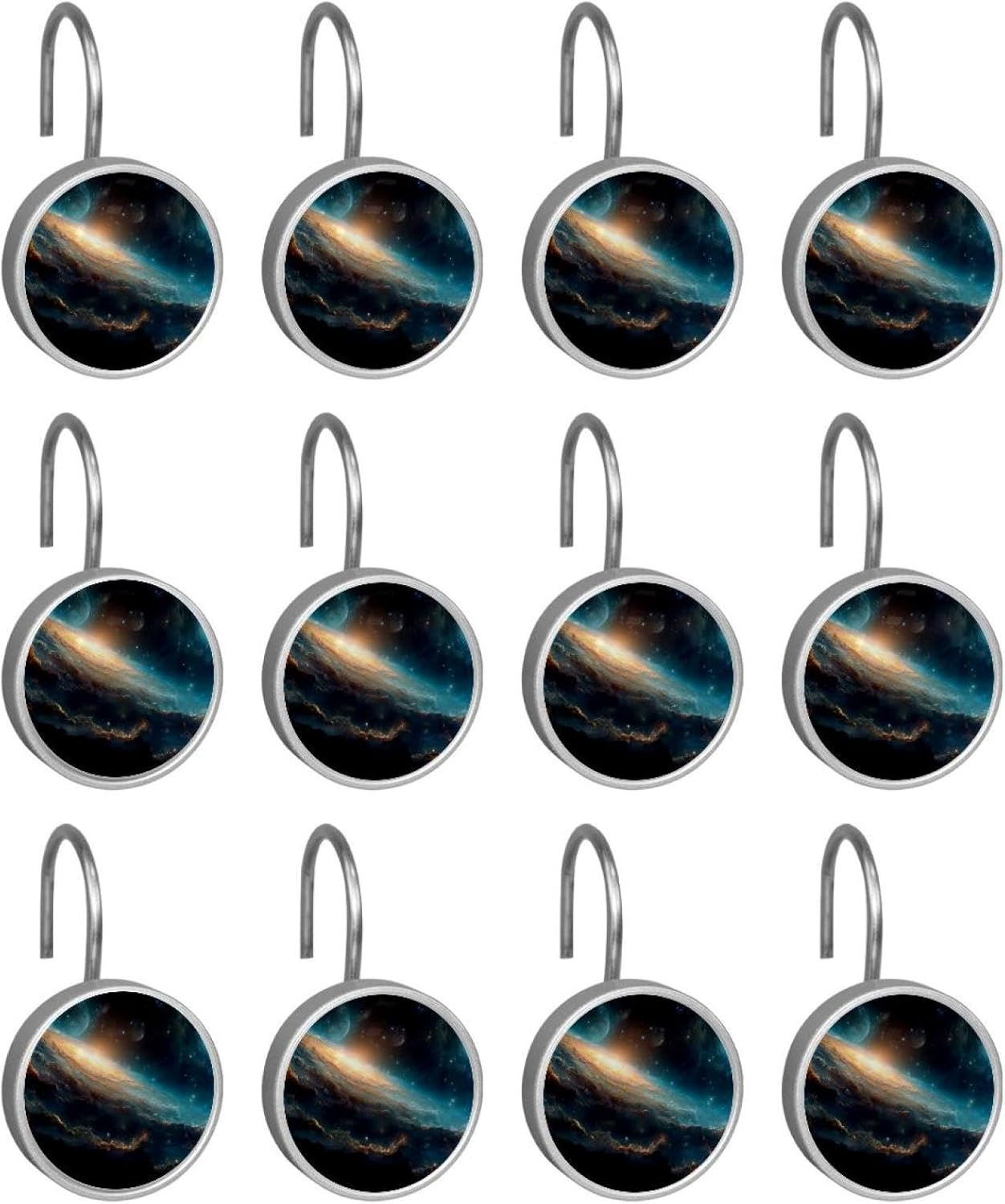 12PCS Galactic Space Universe Shower Curtain Hooks Rings for Bathroom, Decorative Shower Curtain Hooks Rods Curtains and Liner