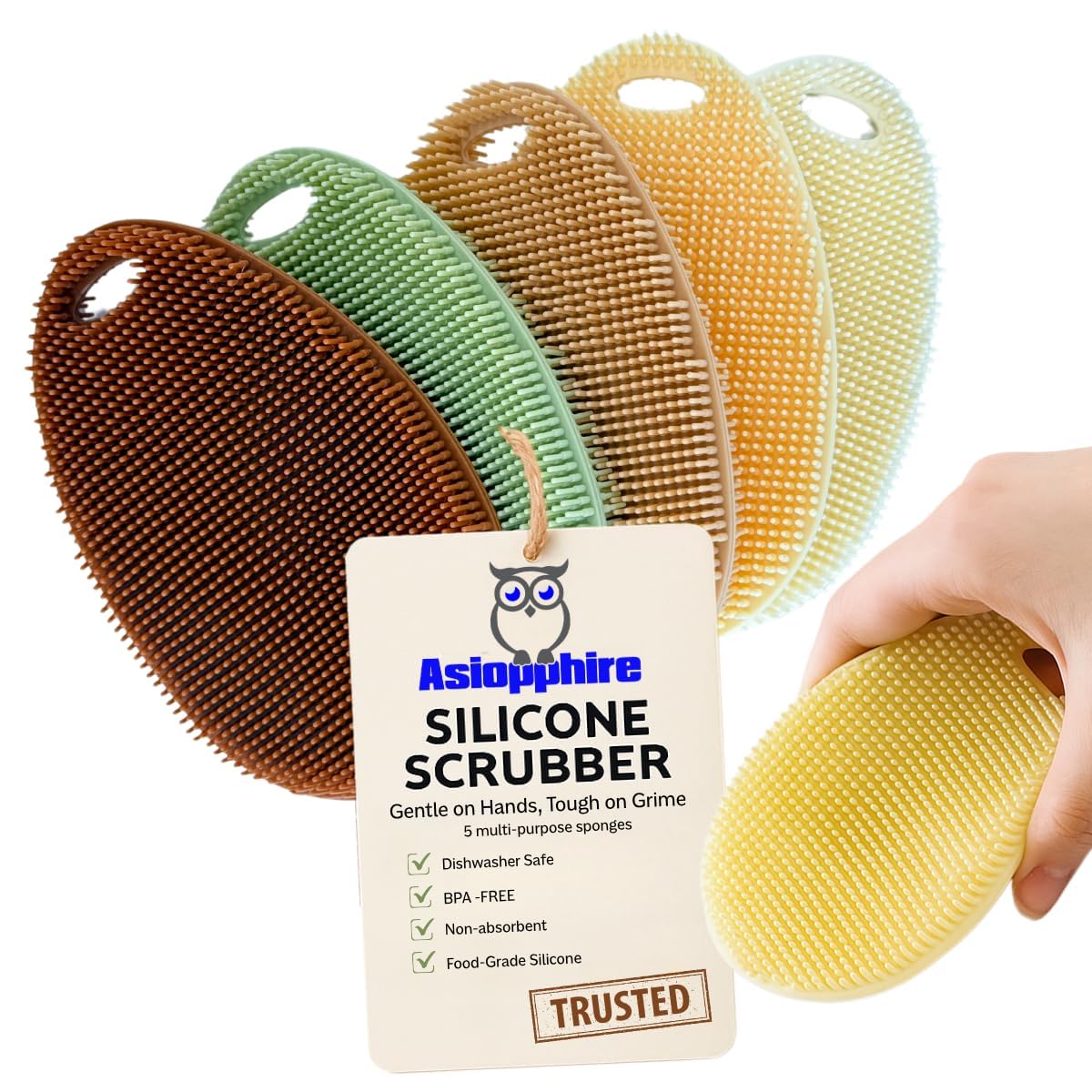 Esponja de silicona para platos, estropajo de silicona de grado alimenticio y limpieza de la casa, estropajo de cocina de silicona sin BPA [paquete de 5 óvalos otoños]