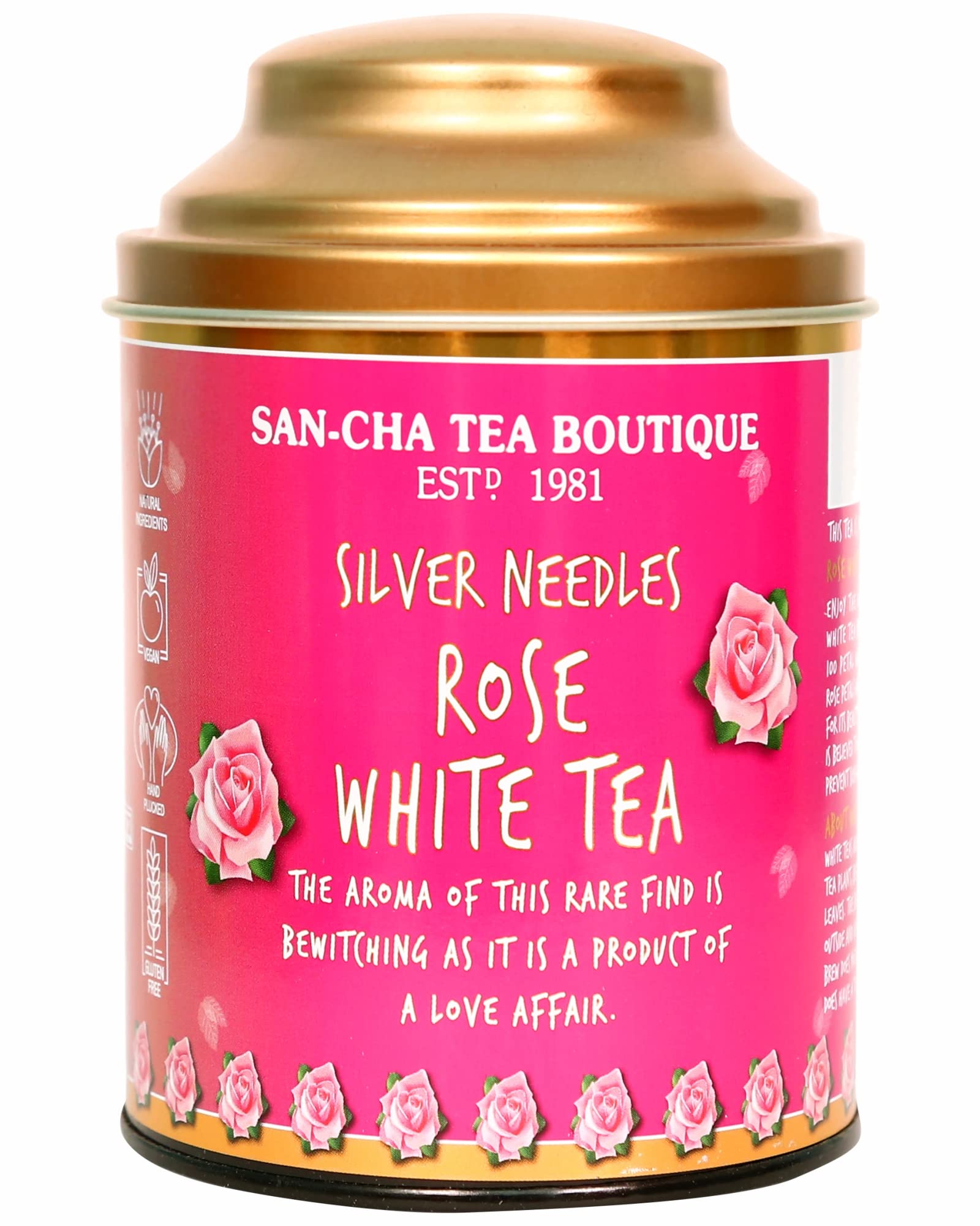 SAN-CHA Tea Boutique Rose White Tea (75X3 Cups) - Pure Buds Blended With Real Rose Petals, Low Caffeine, Silver Needles, 150 Gram