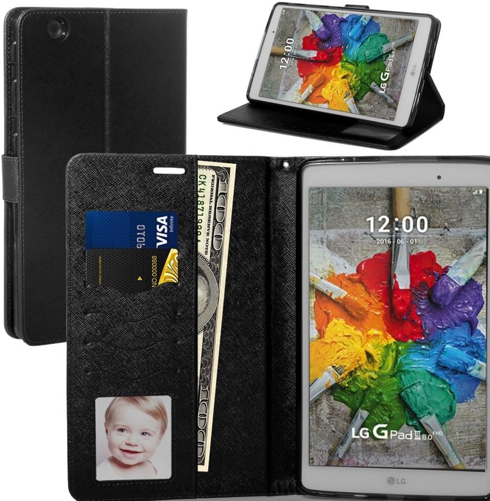 LG G Pad X 8.0 V521 Case, NFW} Leather Wallet Case with Stand Flip Hand Band Credit Card Slots Protective Case Cover for LG G Pad X 8.0 V521/G Pad III 8.0 V525 2016 (T-Mobile) (Wallet Black)