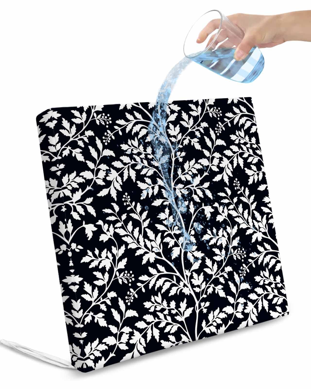 2 Pack Black Botanical Waterproof Cushion Covers with Ties Outdoor Patio Chair Seat Cushion Slip Covers Replacement(Only Cover) Country Retro White Tree Leaves Floral Flower 24''x24''x4''