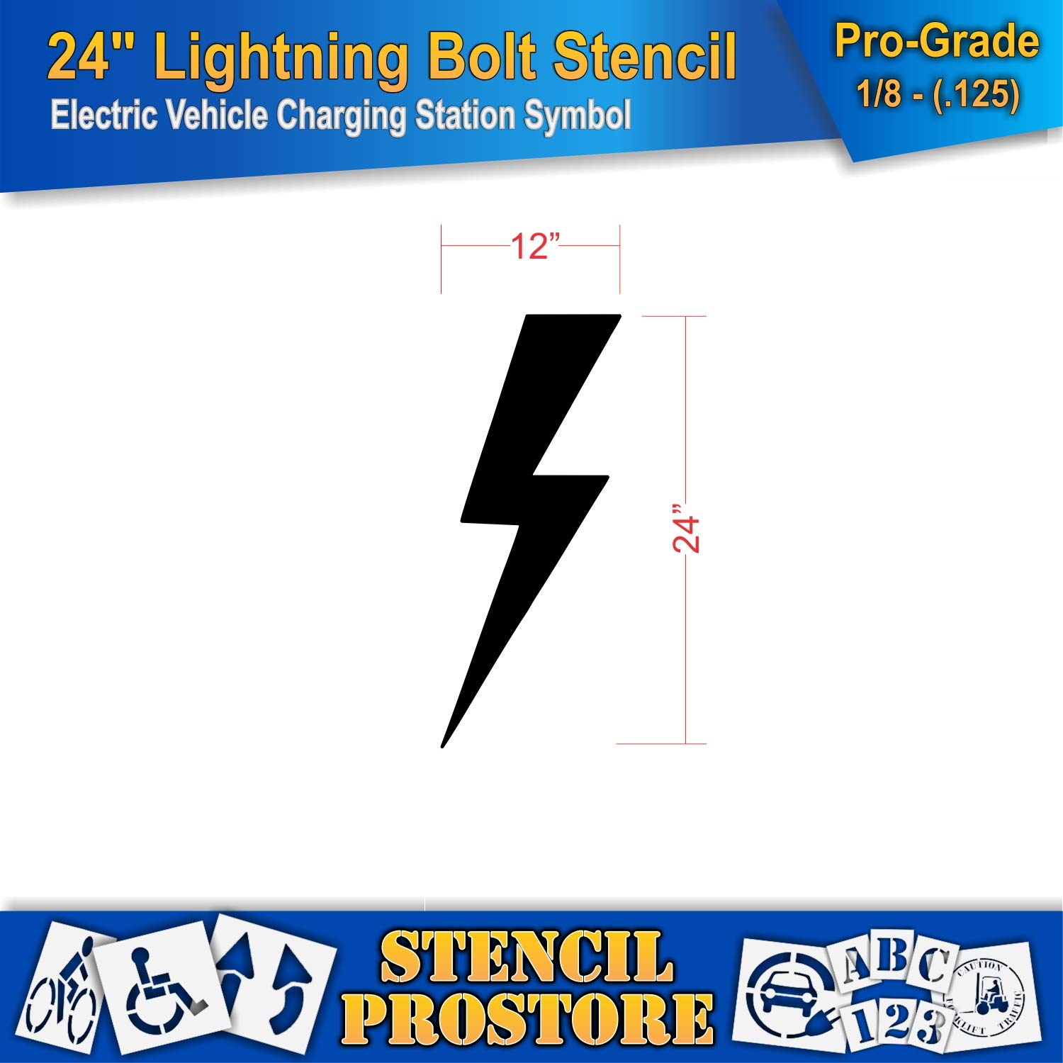 Pavement Stencils - 24 in - Electric Vehicle Lightning Bolt Stencil - 24'' x 10'' x 1/8" (128 mil) - Pro-Grade