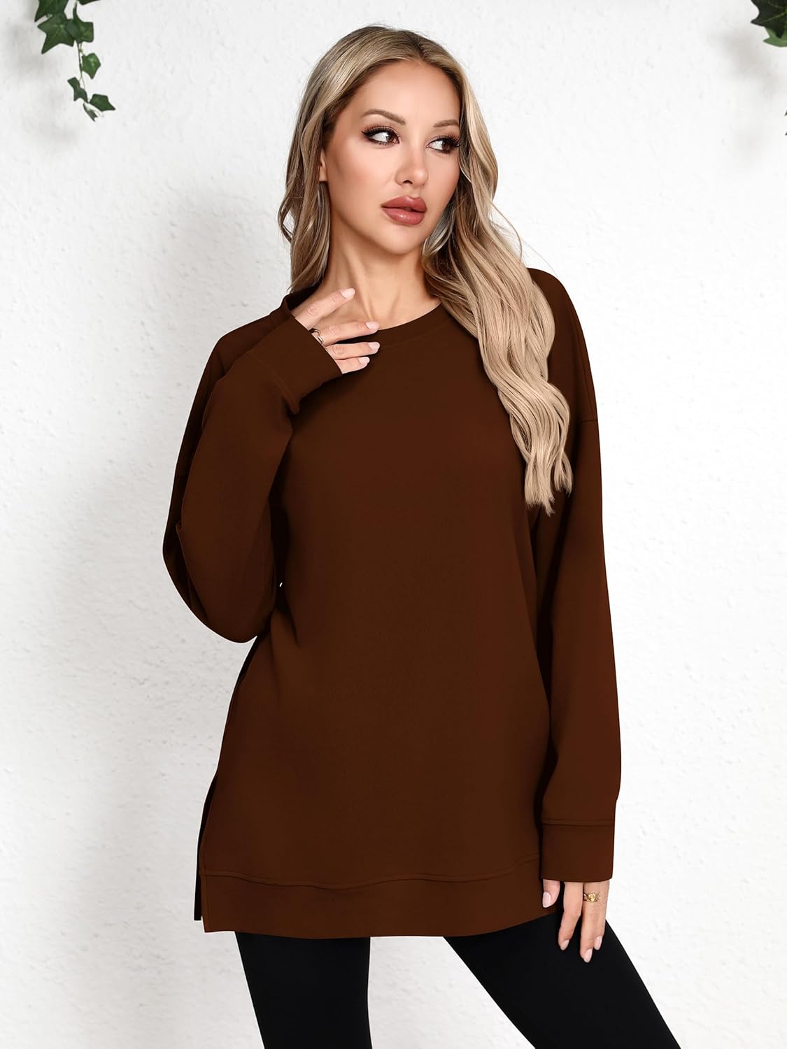 Laughido Women's Long Sleeve Crew Neck Slit Oversized Sweatshirts Pullover Loose Casual Tunic Tops 2025 Fall Clothes - Image 3