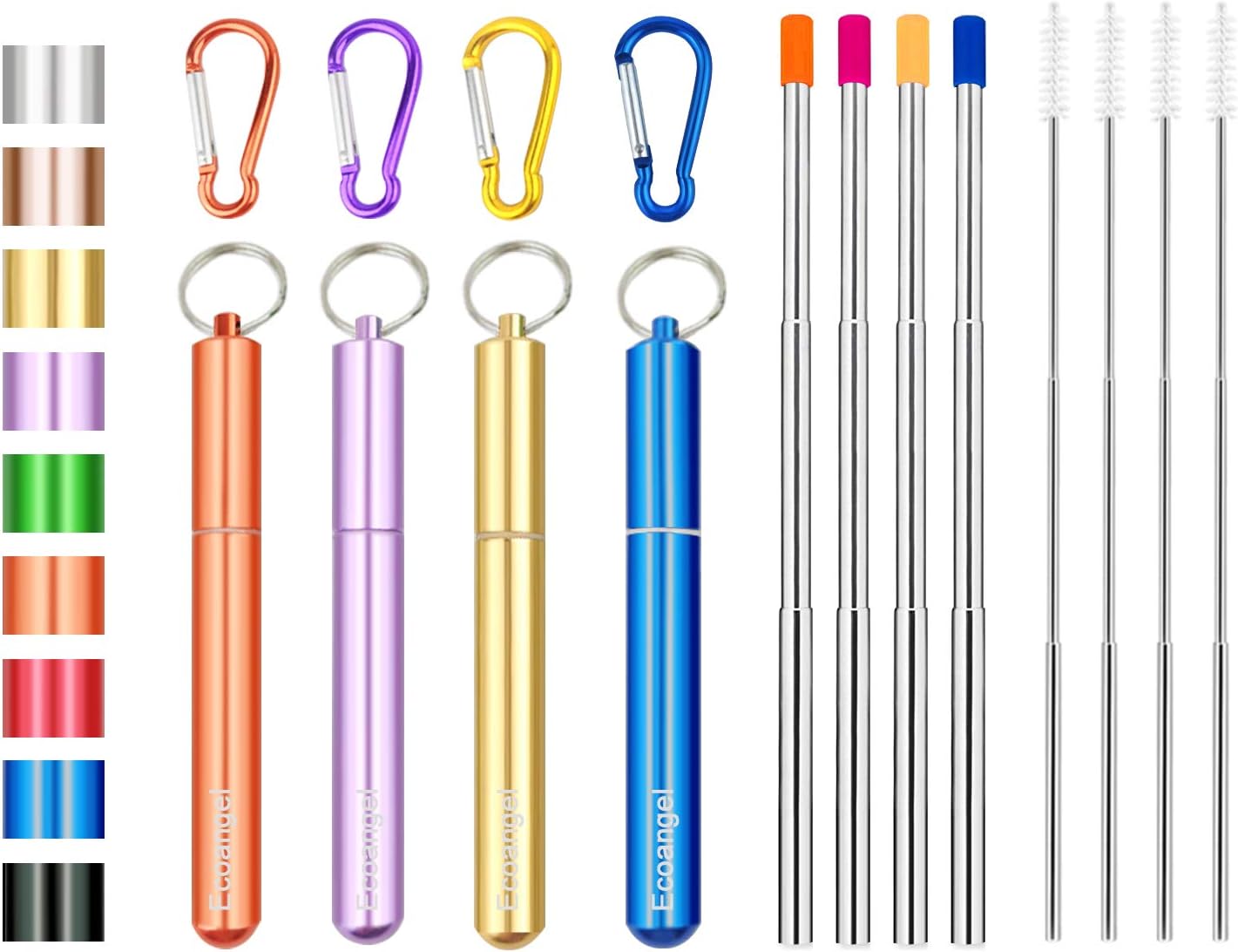 4 Pack Portable Reusable Metal Straw Collapsible Stainless Steel Drinking Straw Telescopic Straw to Drink Water Smoothie with Aluminum Key-chain Case & Cleaning Brush (Gold & purple & orange & blue)
