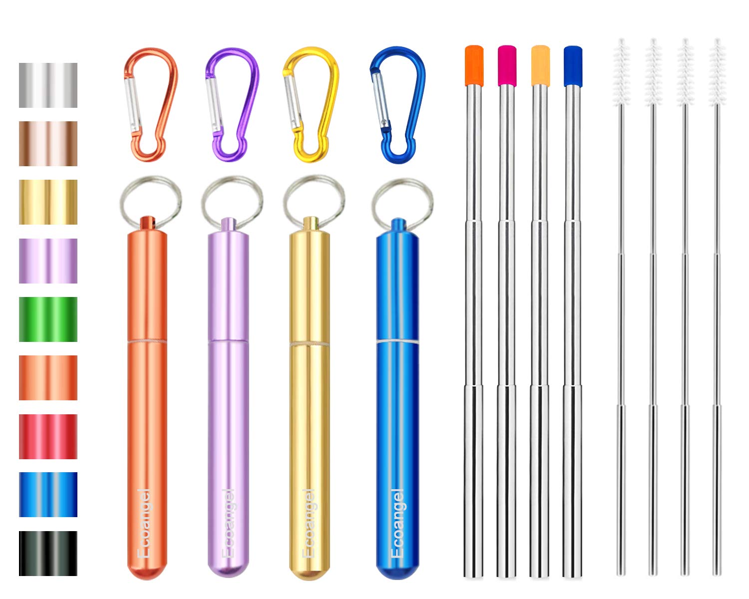 4 Pack Portable Reusable Metal Straw Collapsible Stainless Steel Drinking Straw Telescopic Straw to Drink Water Smoothie with Aluminum Key-chain Case & Cleaning Brush (Gold & purple & orange & blue)