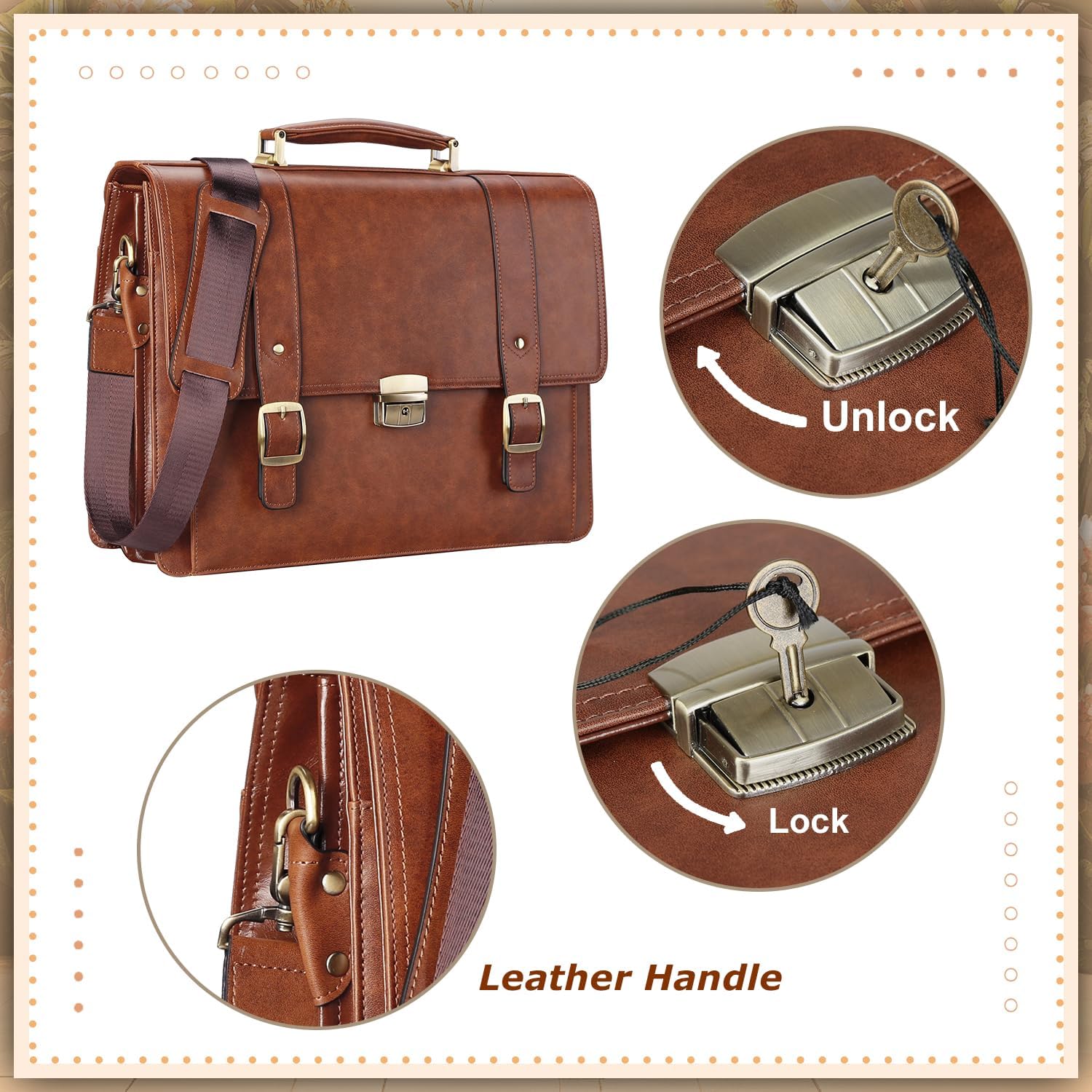 Banuce Leather Briefcase for Men Legal Attorney Lawyer Briefcase Attache Case for 15.6 Inch Laptop with Lock Detachable and Adjustable Strap Vintage Brown - Image 7