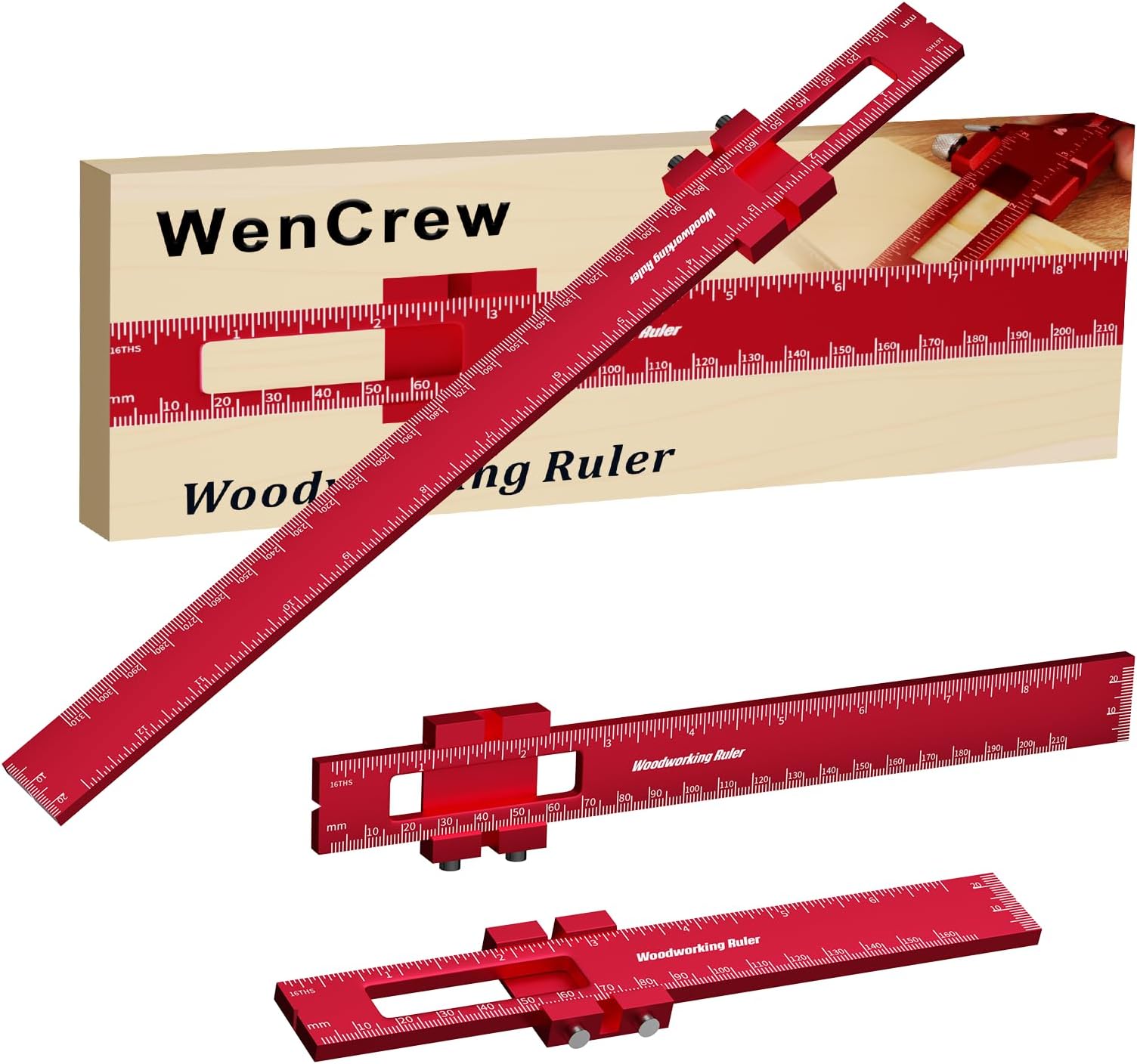 WenCrewWoodworking Ruler 3Pcs 6/8/12 Inch Slide Rule Precision Ruler Woodworking Tools Adjustable Metal Aluminum Marking Gauge Pocket Ruler Scribing Measuring Tools Edge Ruler for Woodworking (Red)