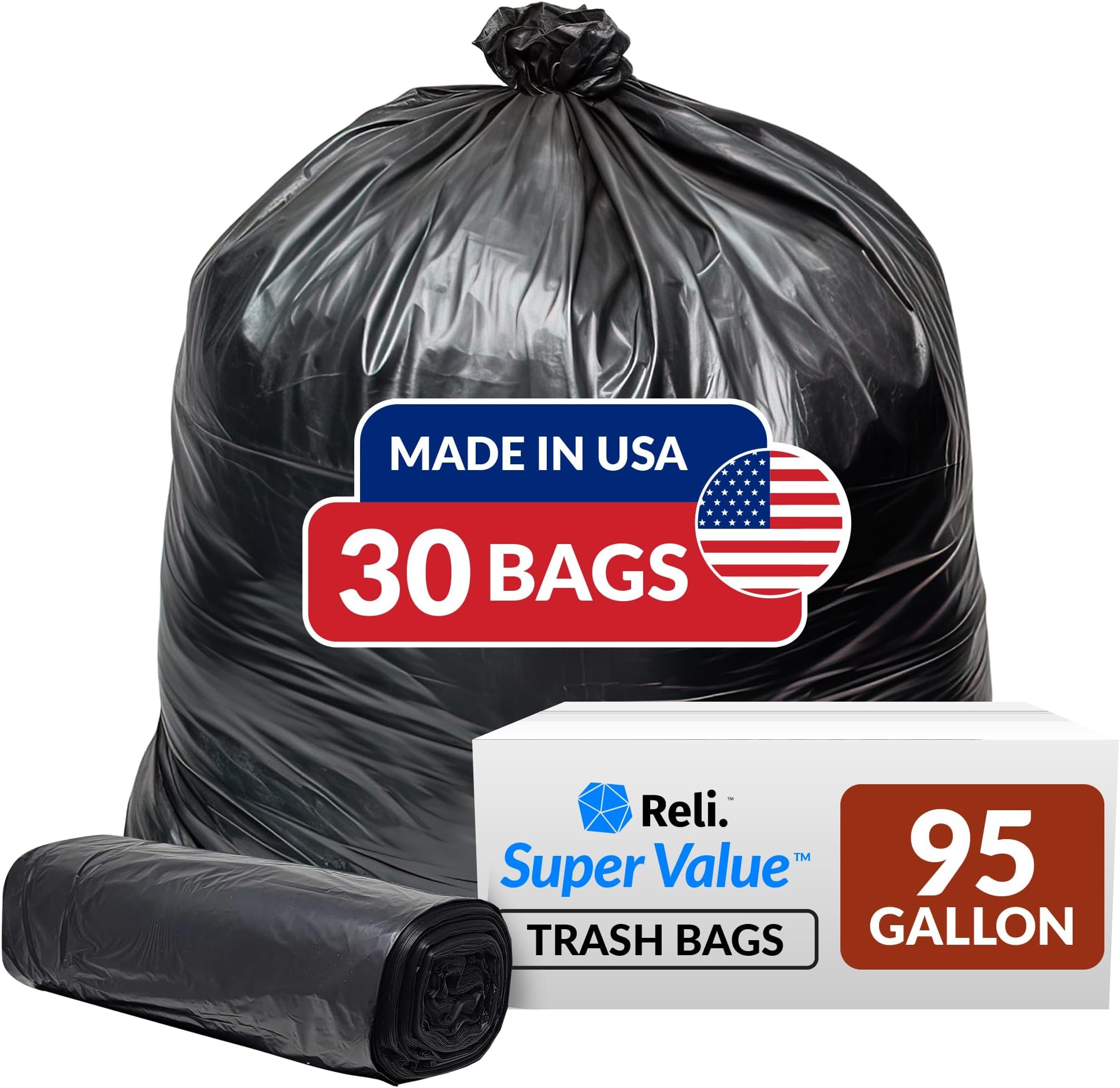Reli. 95 Gallon Trash Bags Heavy Duty | 30 Count | Made in USA | Large 95, 96, 100 Gallon Garbage Bags | Trash Can Liners for Toter