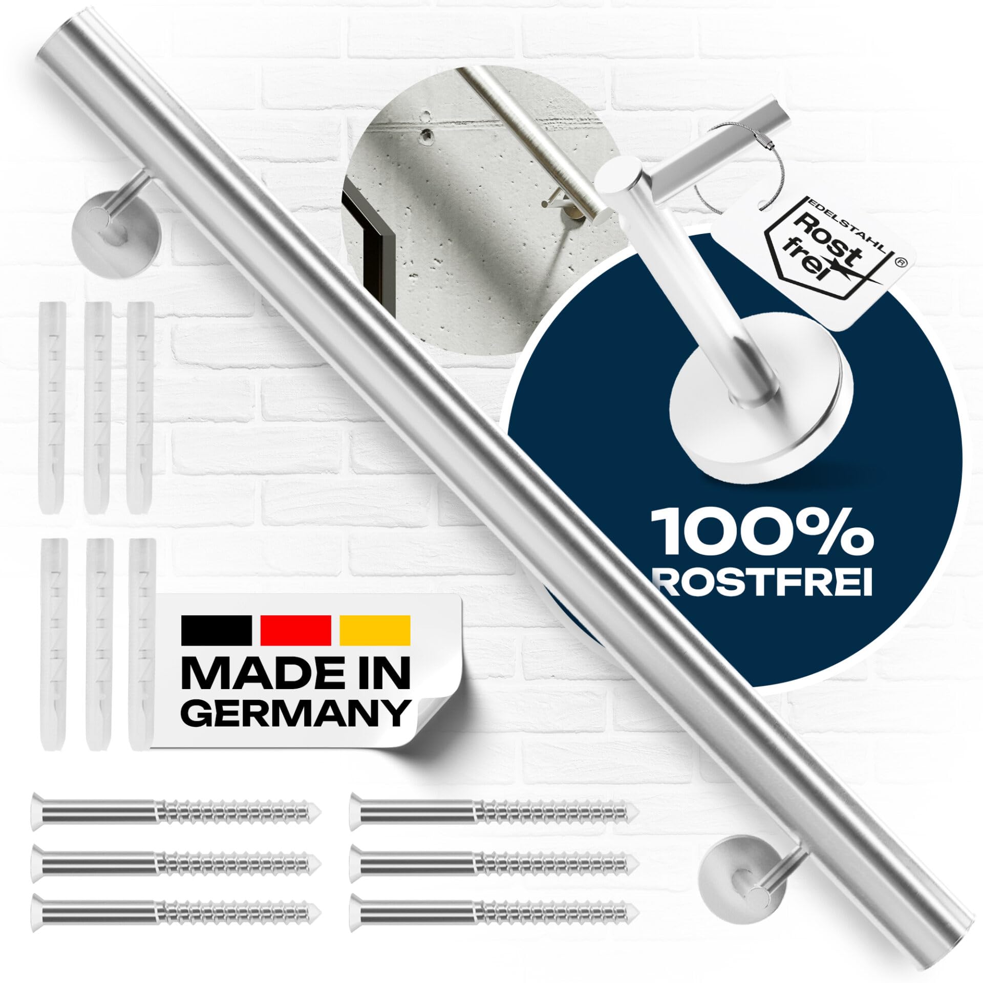 Handlauf Edelstahl Ø 33,7 mm, Markenhandläufe, für Außen- & Innenbereich, Wandhandlauf Brüstung Geländer, 4 verschiedene Varianten